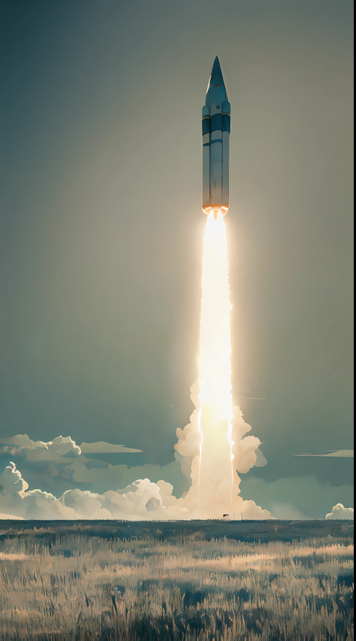 Gloomy, apocalyptic, mysterious, eerie, sky, rocket in the distance, a rocket, launch, gray,