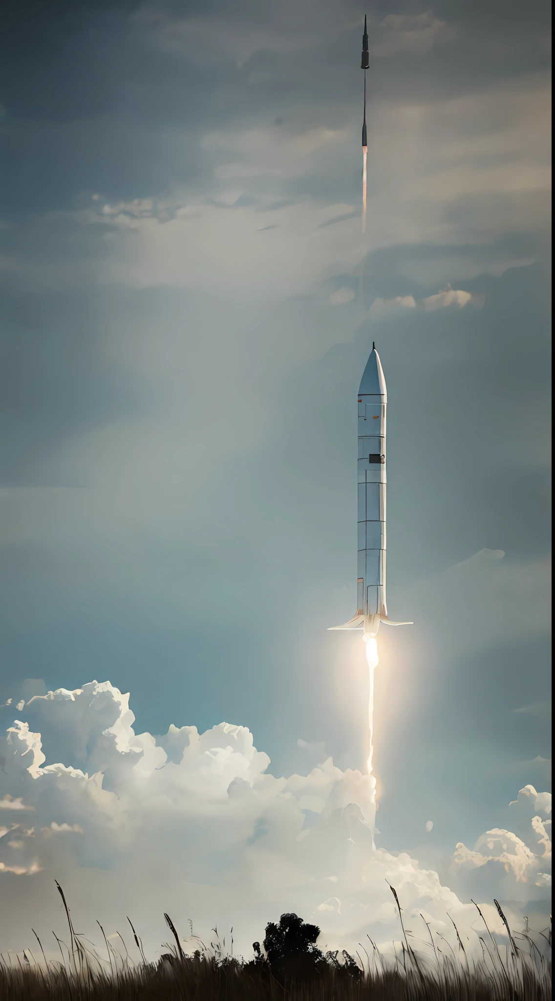 Gloomy, apocalyptic, mysterious, eerie, sky, rocket in the distance, a rocket, launch, gray,