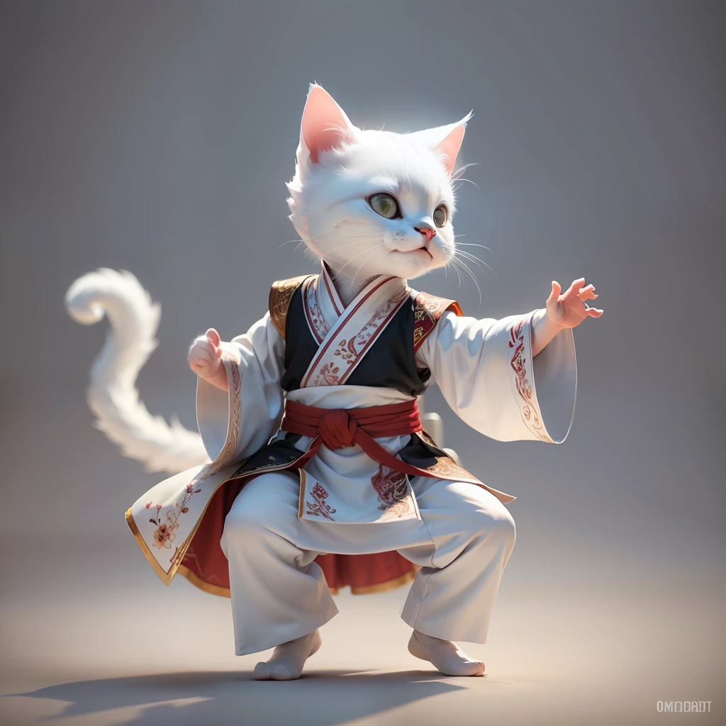 A white cat is doing a martial artsmnove, cute,happy,smiling,funny,white background,in the style of historical themes, concept art, oriental, detailed Hanfu costumes,mastery of perspective,realistic,3D --auto --s2