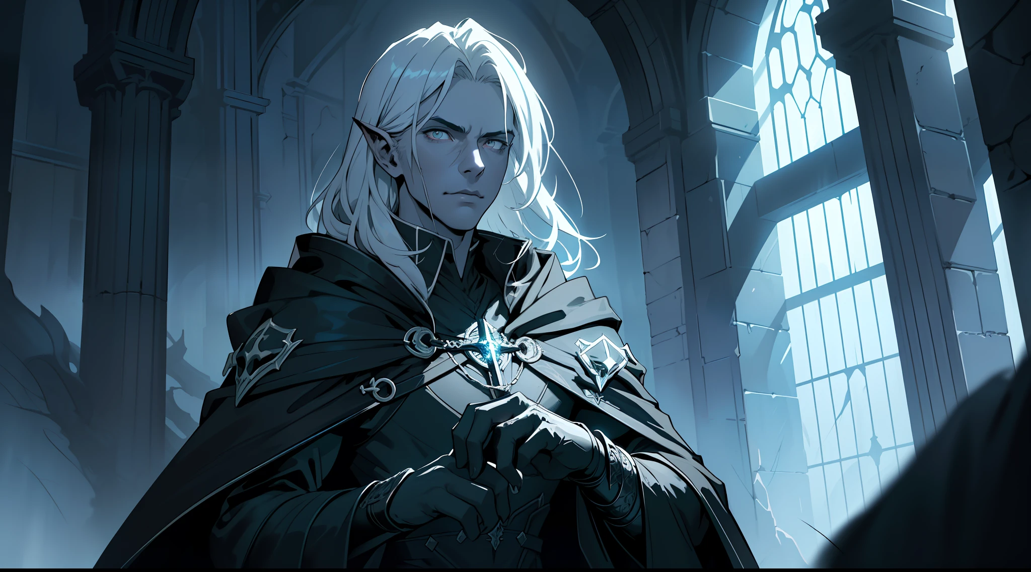 (Ultra detailed), (masterpiece), (best quality), (very detailed CG unit 8k wallpaper), a shadowy necromancer in his lair, (male), morbid appearance, black cloak, ELDEN RING, ((visible magical aura)), (((upper body))), dim light, soft light, concept art, dimly lit, forbidden magic accessories, cinematic, highly detailed, stylized wallpaper