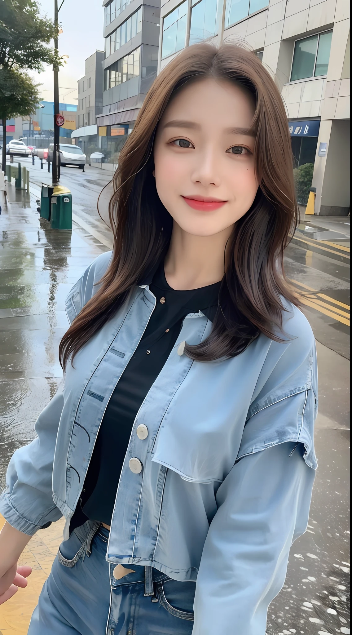 ((Best Quality, 8k, Masterpiece: 1.3)), Focus: 1.2, Perfect Body Beauty: 1.4, Buttocks: 1.2, ((Layered Haircut, Breasts: 1.2)), (Wet Clothes: 1.1) , (Rain, Street:1.3), Jeans: 1.1, Highly detailed face and skin texture, Fine eyes, Double eyelids, Whitening skin, Long hair, (Shut up: 1.3), smile