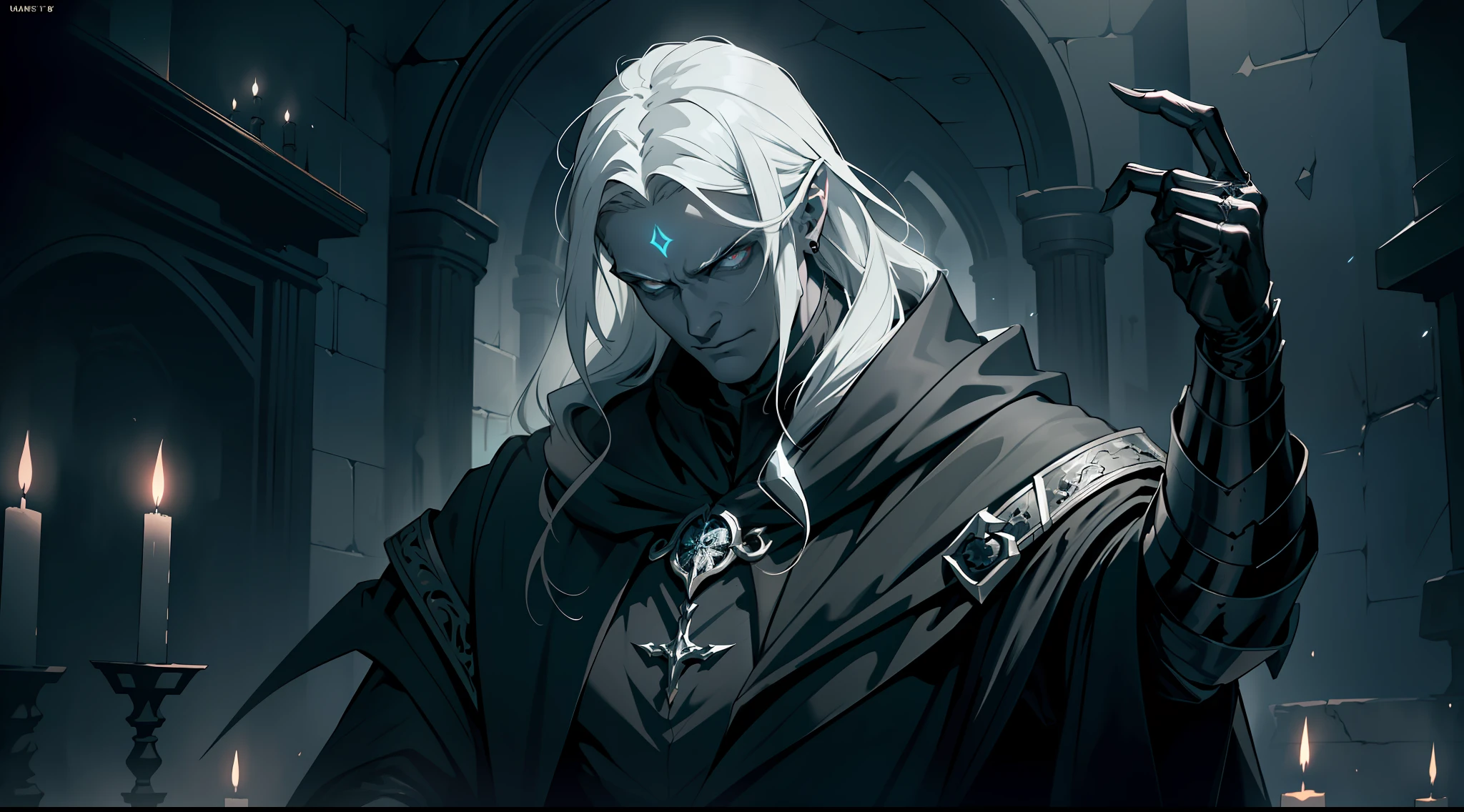(Ultra detailed), (masterpiece), (best quality), (very detailed CG unit 8k wallpaper), a shadowy necromancer in his lair, (male), morbid appearance, black cloak, ELDEN RING, ((visible magical aura)), (((upper body))), dim light, soft light, concept art, dimly lit, forbidden magic accessories, cinematic, highly detailed, stylized wallpaper