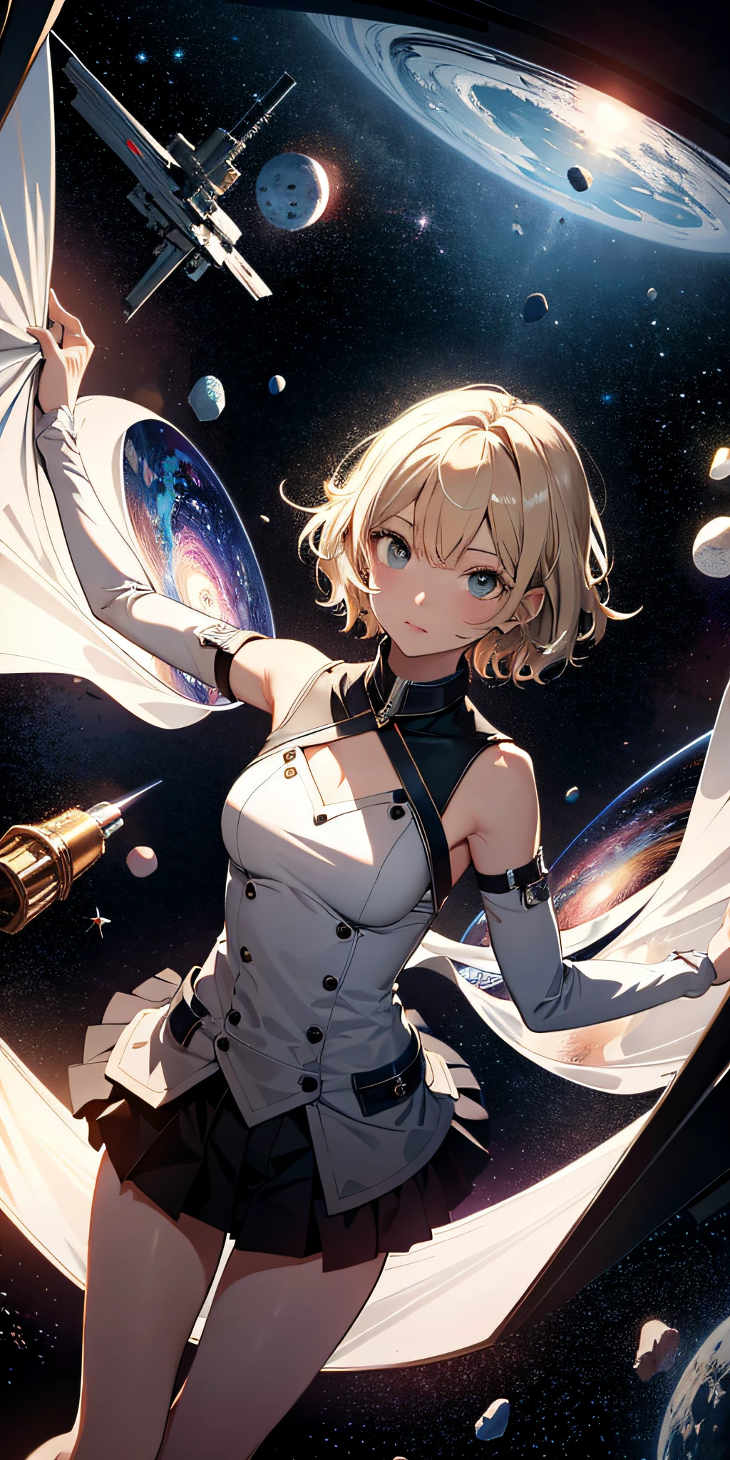 Absurd resolution, high resolution, (masterpiece: 1.4), super detailed, girl alone, from above, space, floating, blonde, petite, short hair