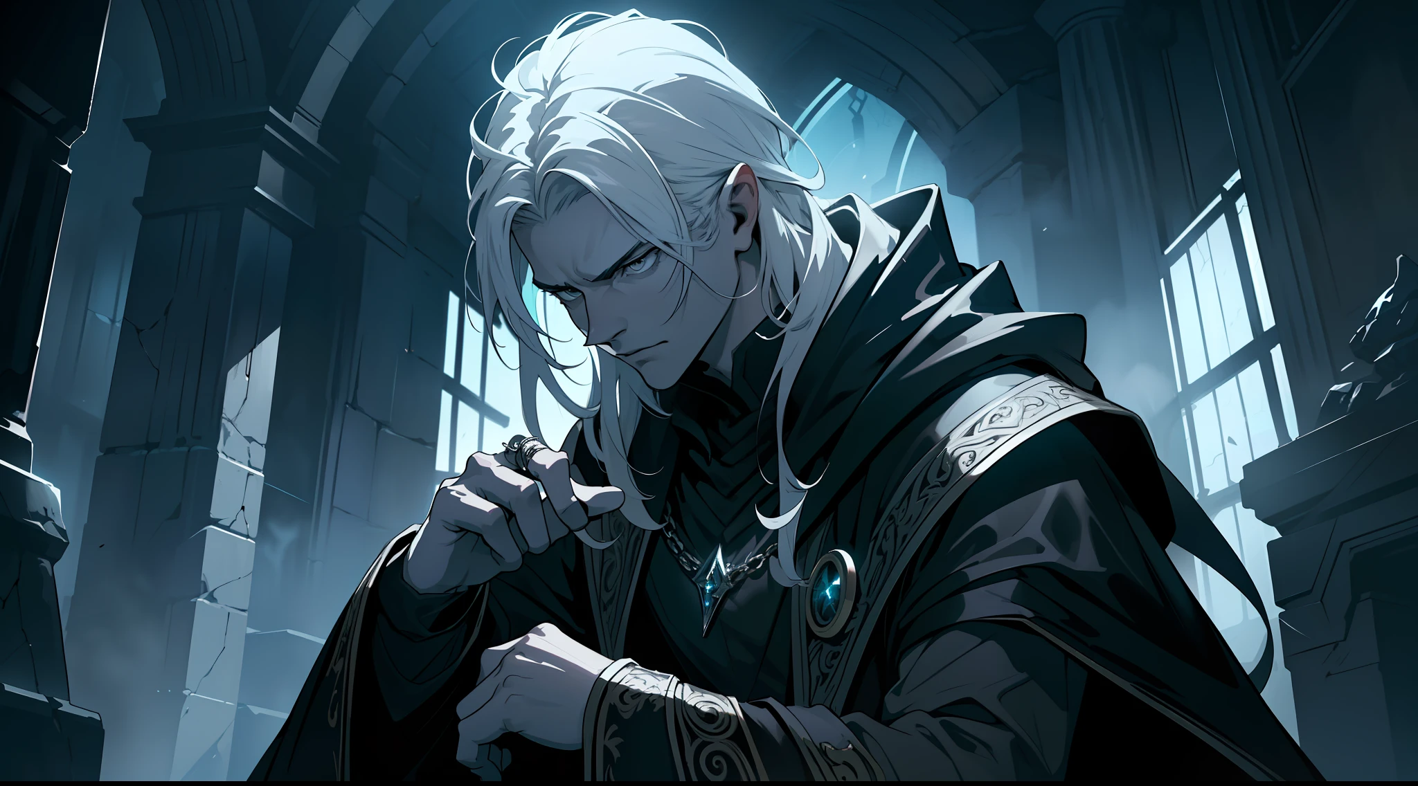 (Ultra detailed), (masterpiece), (best quality), (very detailed CG unit 8k wallpaper), a shadowy necromancer in his lair, (male), morbid appearance, black cloak, ELDEN RING, ((visible magical aura)), (((upper body))), dim light, soft light, concept art, dimly lit, forbidden magic accessories, cinematic, highly detailed, stylized wallpaper