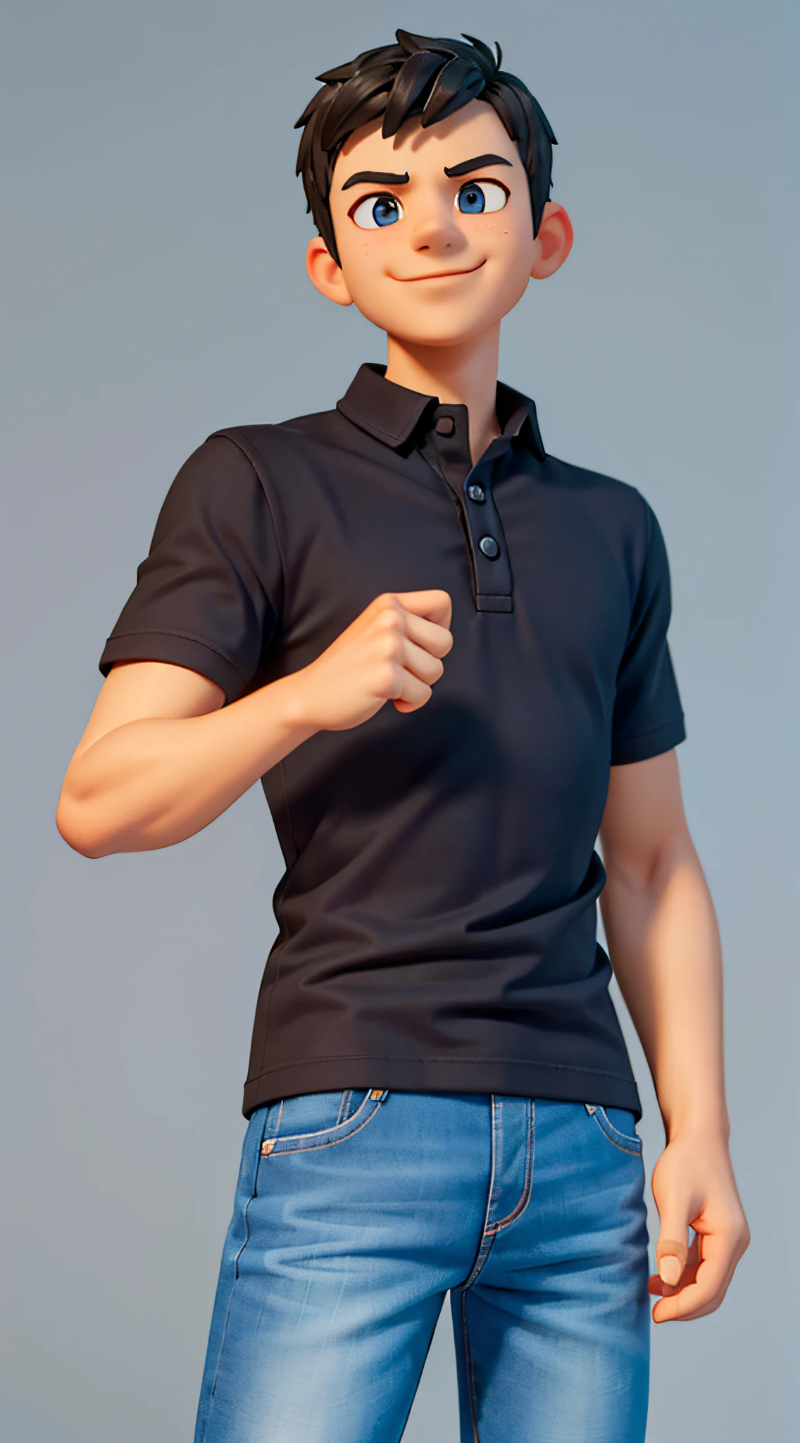 A boy (1:2), black polo shirt with blue-white-red lining, intact jeans, tech-sense background, victory, right hand raised, fist, squinted, happy, happy, smile, perfect quality, clear focus, masterpiece x1.2, realistic x1.2, bokeh, best quality, detailed skin x1.3, complex detail, 8K, detail eyes, sharp focus, happy.