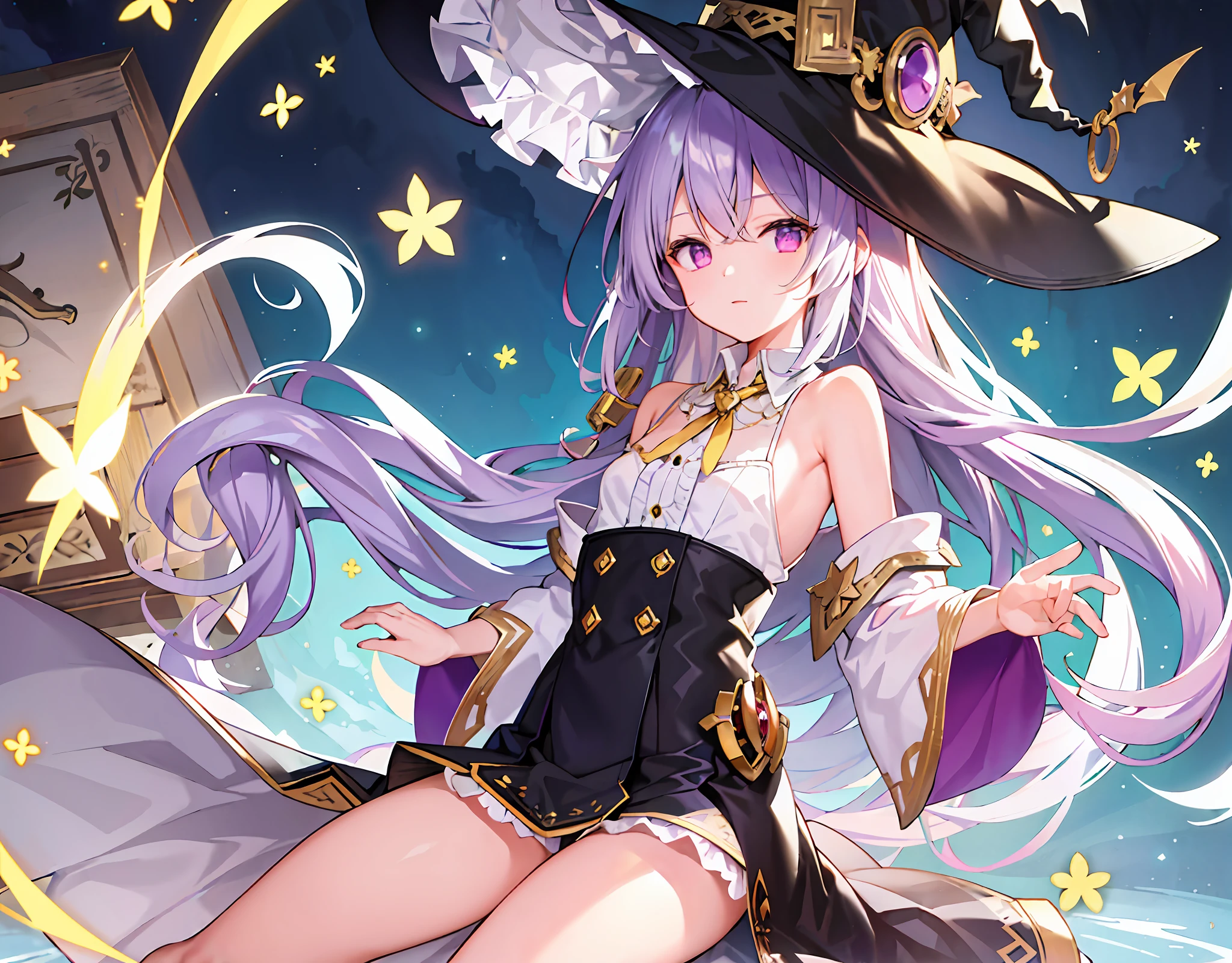 (masterpiece, top quality, super detailed, illustration), yileina, 1girl, solo, fantasy, dramatic, vision, long hair, bare shoulders,white collared shirt,yellow ribbon,witch hat,black robe,black skirt,purple eyes, chest, thighs