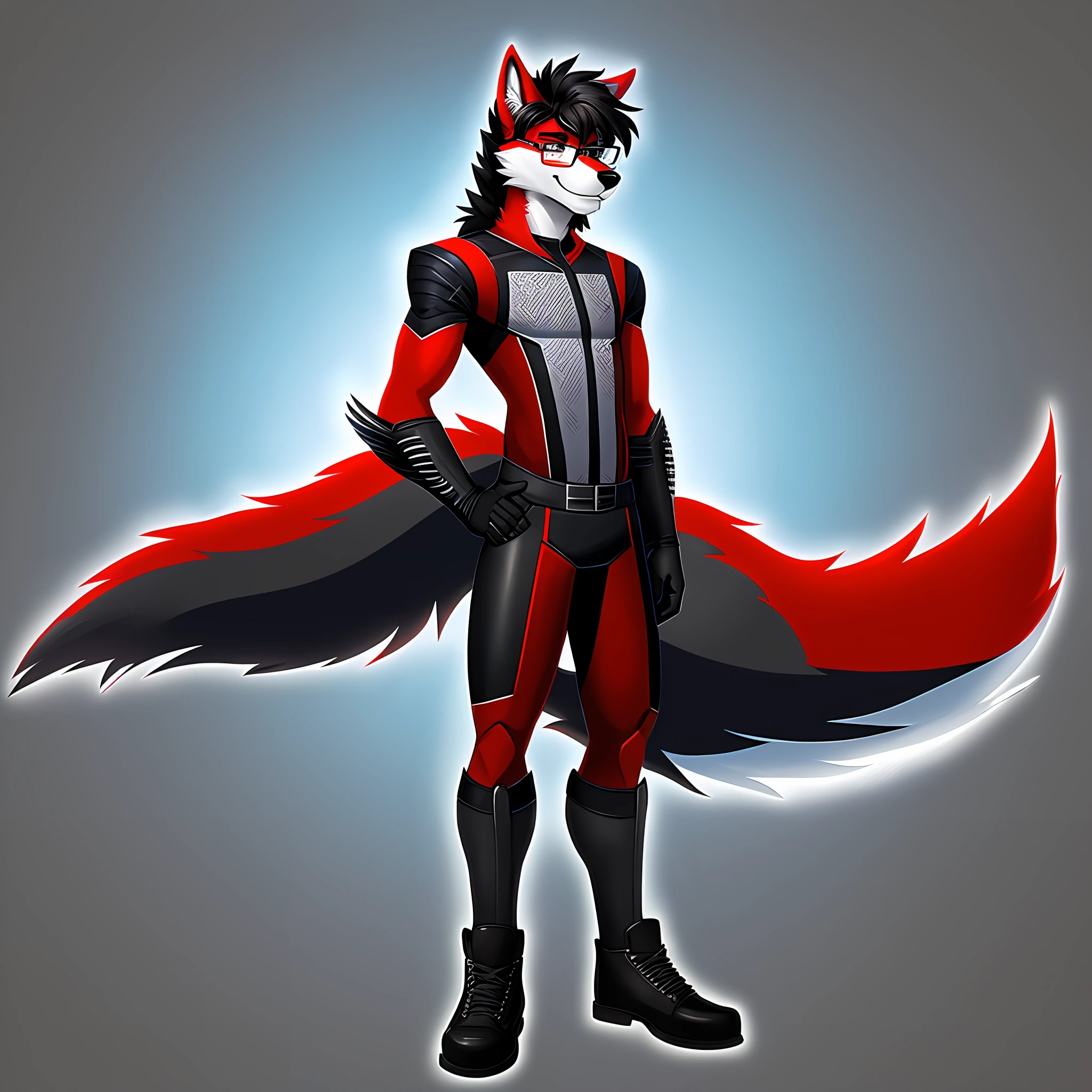Anthro, wolf with red fur, male, wearing blue and black glued full-body clothing, bespectacled, combed black hair, HR Giger style, solo, no group, not double, full body, smiling, in the field