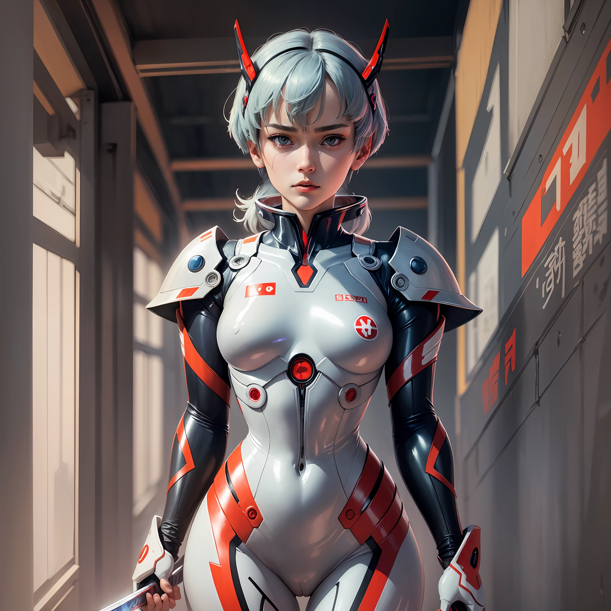 Masterpiece, Best Quality, Best Quality, Evangelion, Rei, Rei Ayanami's Face, Iron Woman Suit, Japanese Clothes, Kimono, Slender , Plug Suit, Japan Sword, Tachi, Obi Sword --auto --s2