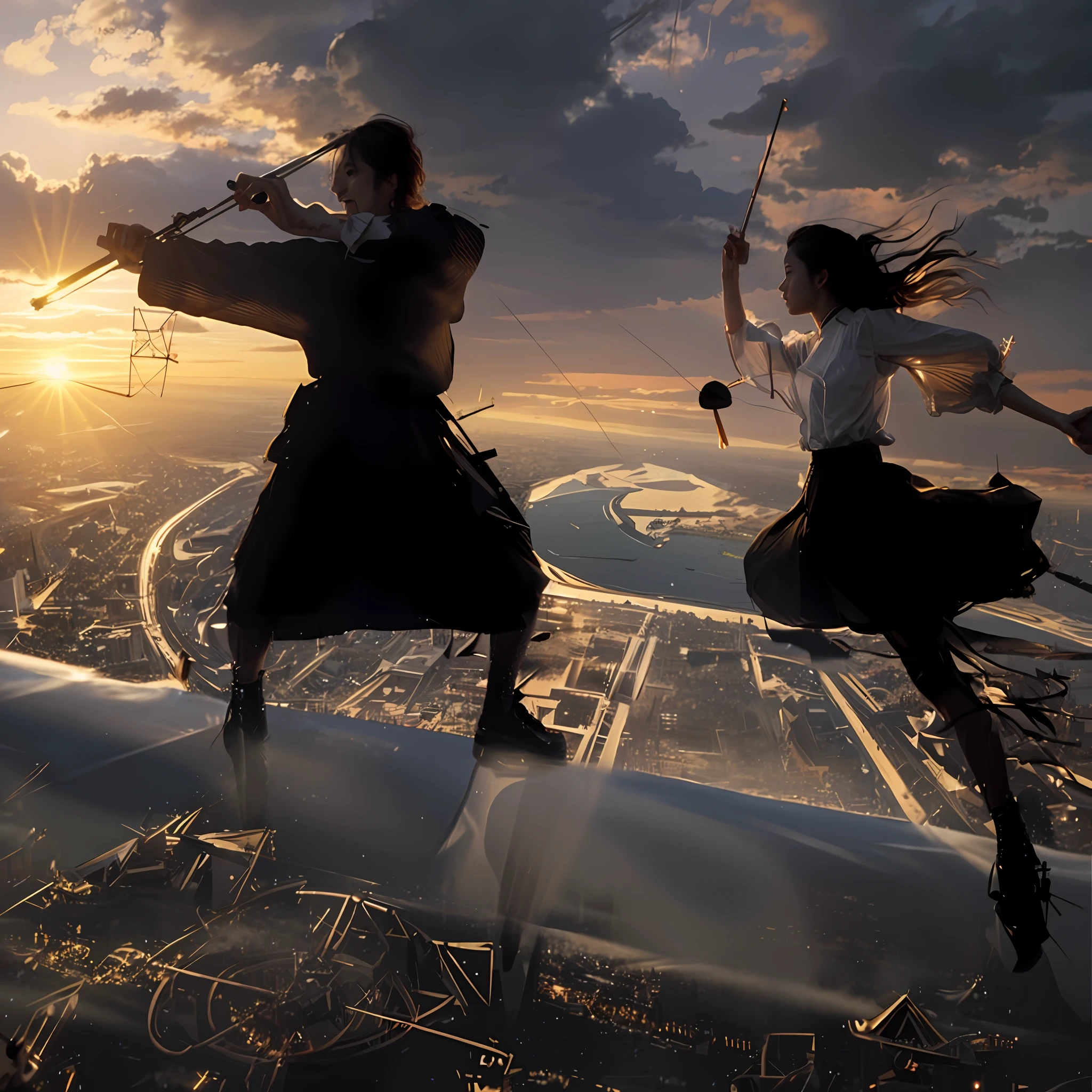 Fighting on a metal airship, with the city of Tokyo in the background. A 20-year-old woman in a white blouse and black skirt, waving a violin bow, pulsating, running, cutting in. There is Leonardo da Vinci holding a large bow and trying to intercept her attack. Dressed in Renaissance Italian attire. The setting sun is illuminating the background. Sunset reflecting on river in background. Magnificent clouds. The light of the setting sun illuminates the bodies of a woman and a man.