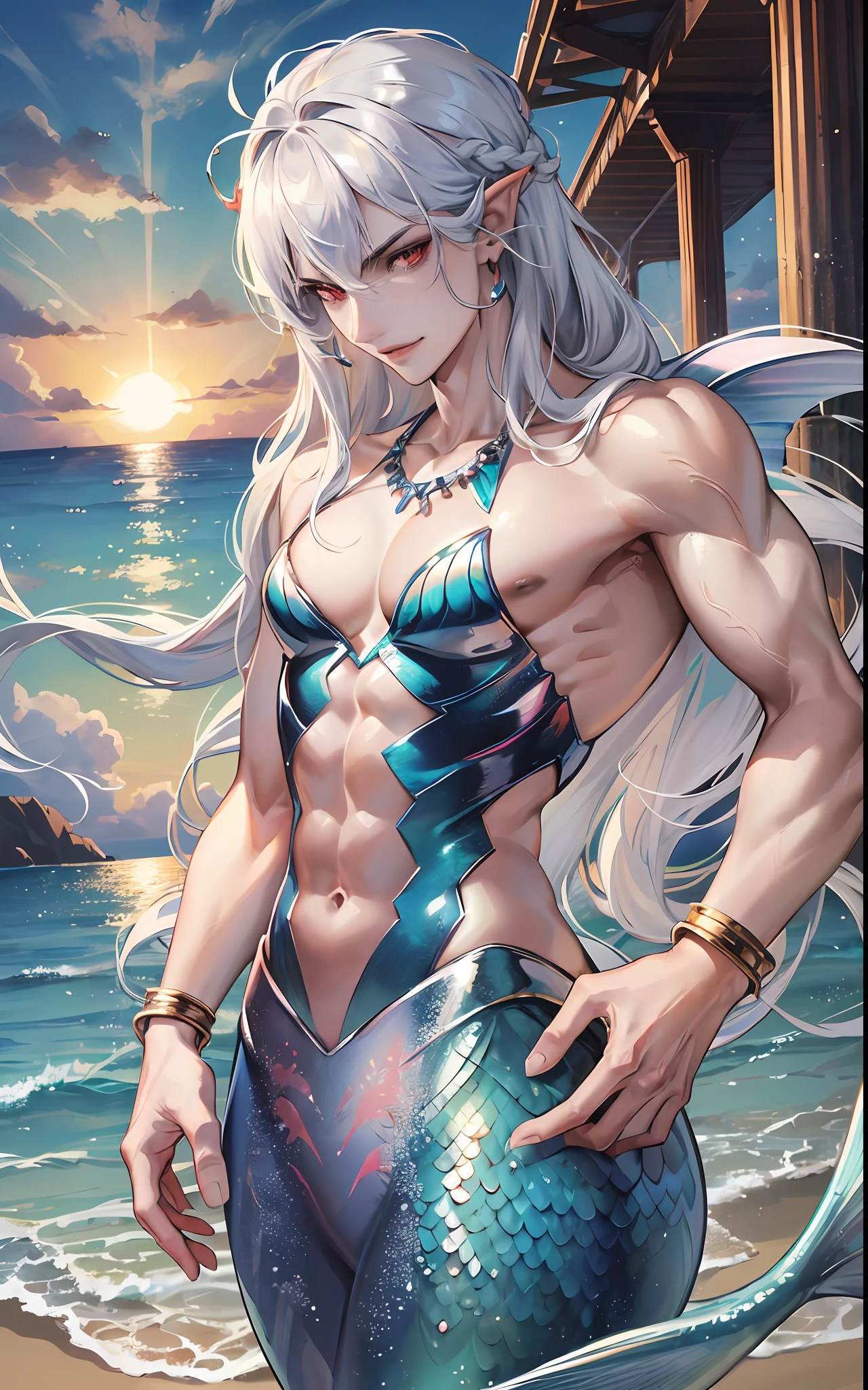 man, masculine, masculine face, attractive, muscular, (((1man))), masterpiece, absurdres, best quality ,intricate details , (shiny skin, shiny body, shiny oily luster skin, shiny hair, pale skintone), Sundown, attractive, ((muscular)), adult, one, earrings, Don't look at the view , Not looking at the view, silver hair, braided hair, perfect detailed face, perfect detailed hands, triton, fins, red eyes, triton ears, ((MLS)), smirk, medium large shoot, marine ornaments, beach in the background, ((mermaid tail)), no legs