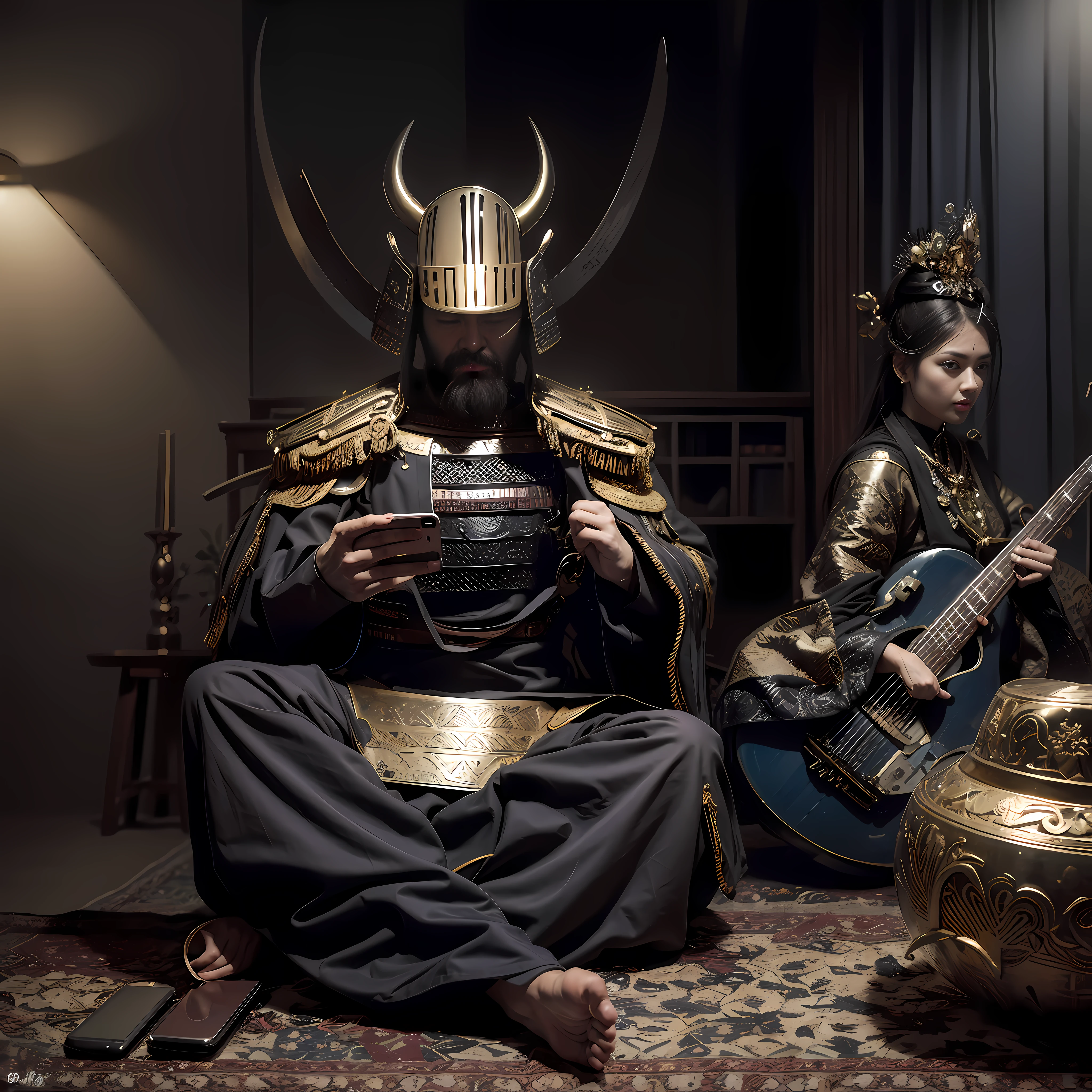 Setting Persian samurai warrior holding mobile phone wearing mempo samurai mask with ghajar clothes from ww1 Iranian culture and women playing electric guitar in the future