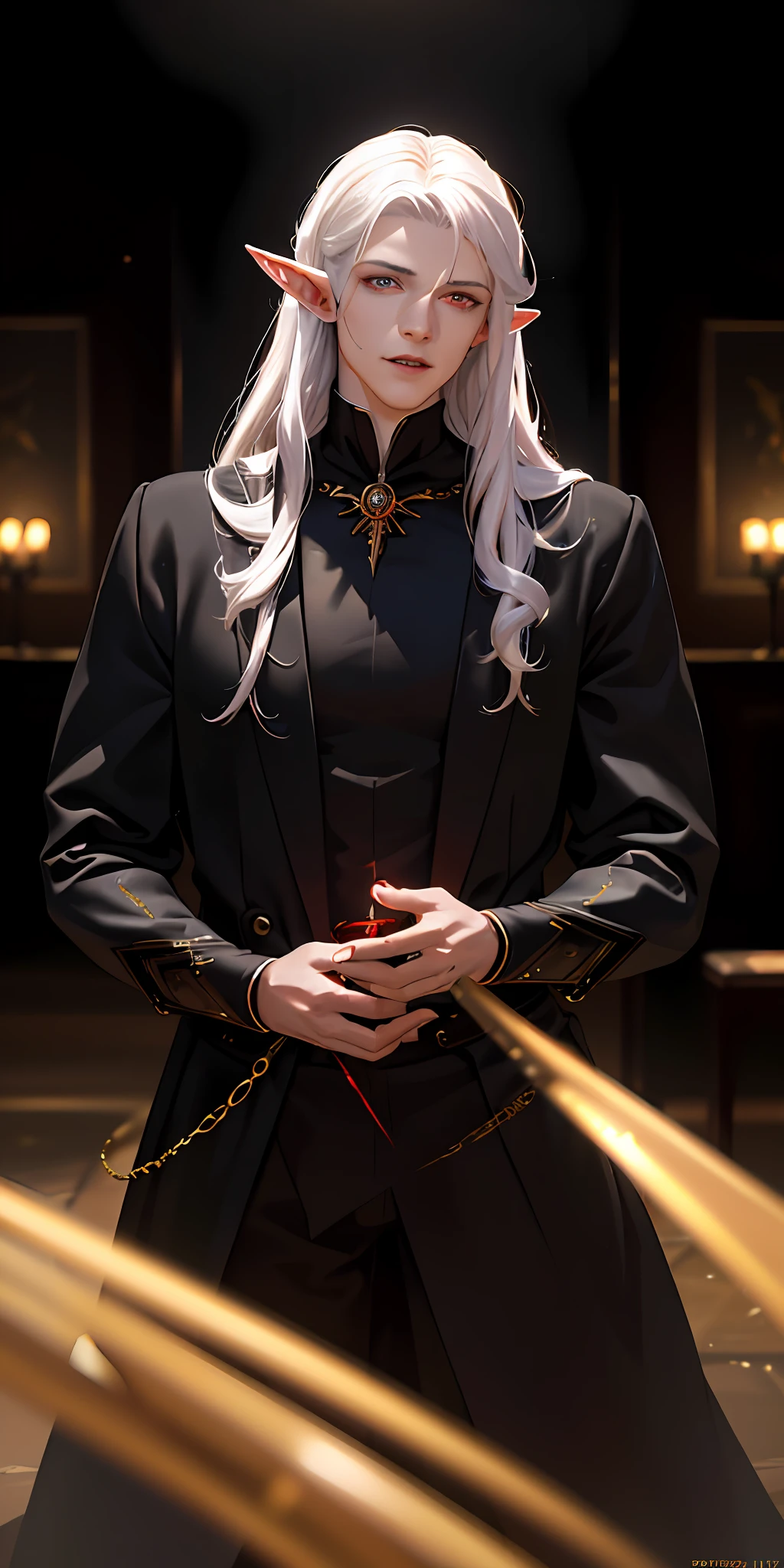 (photorealistic:1.4),(masterpiece),(best quality),(cinematic lighting), luxurious, 8k, detailed, ray tracing, depth of field, cinematic lighting, blood,1 adult male,man,thin,muscle,pointed ear,male elf,pale skin,long curly white hair,red glowing eyes,smile,blood,two daggers,black clothes,black cloak,vampire