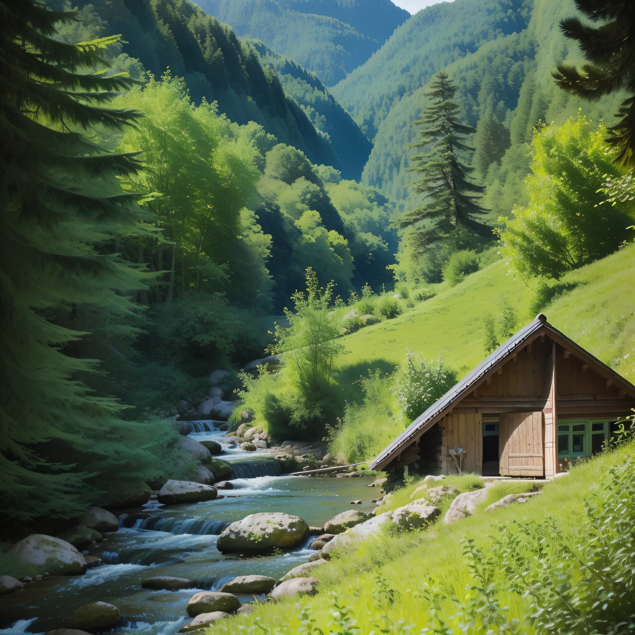 a color photo of a house on the edge of a stream, stream flowing through the house, idyllic chalet, abandoned house, by Jan Kupecký, chalet, river passing by the hut, old house, inspired by Ethel Schwabacher, small hut, house in the forest, lonely house in the forest, house in the wood, house in the forest