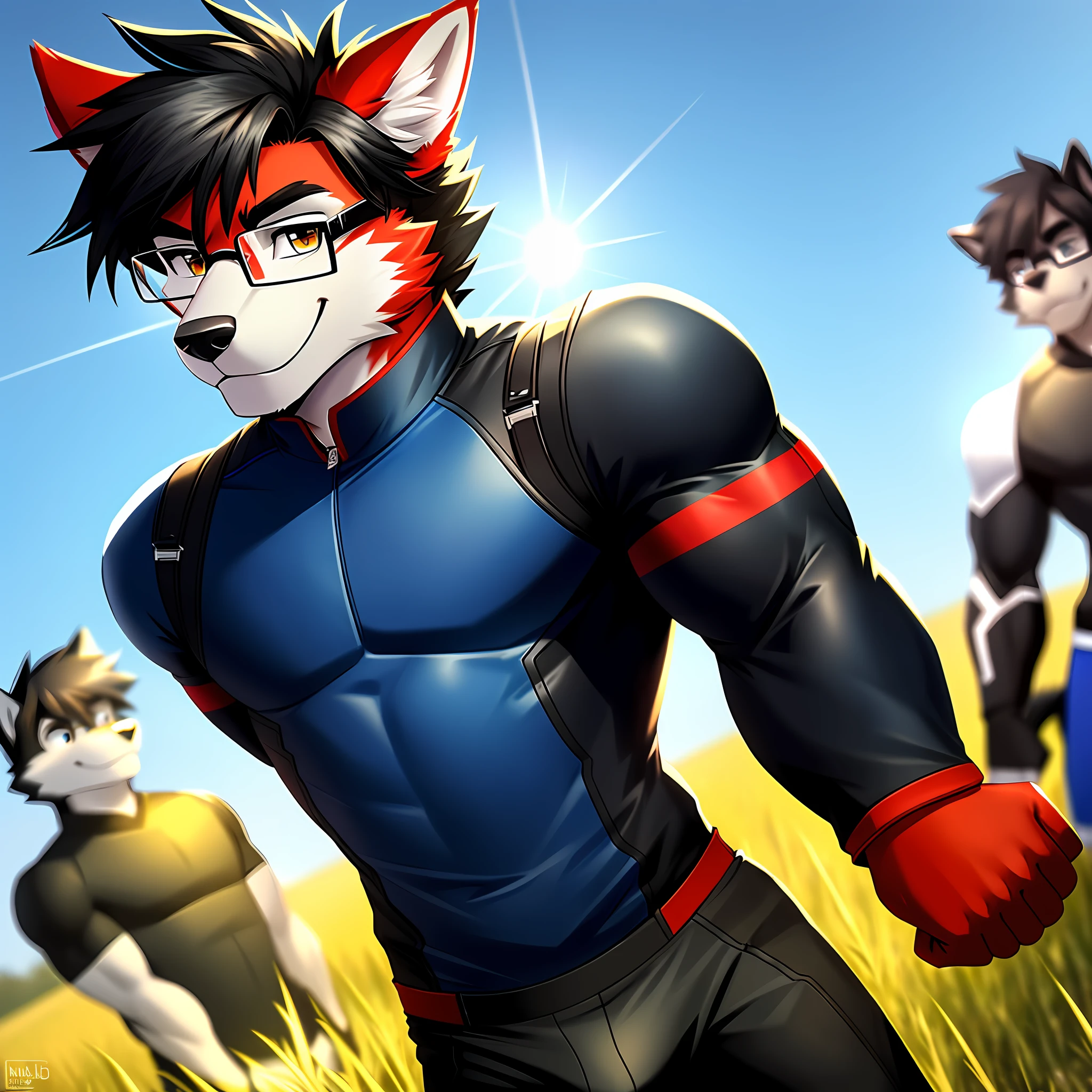 anthro, wolf with red fur, male, wearing blue and black glued hero clothing, glasses, combed black hair, solo, no group, not double, full body, smiling, in the field, small bulge, great lighting, soft lighting, no logo mark