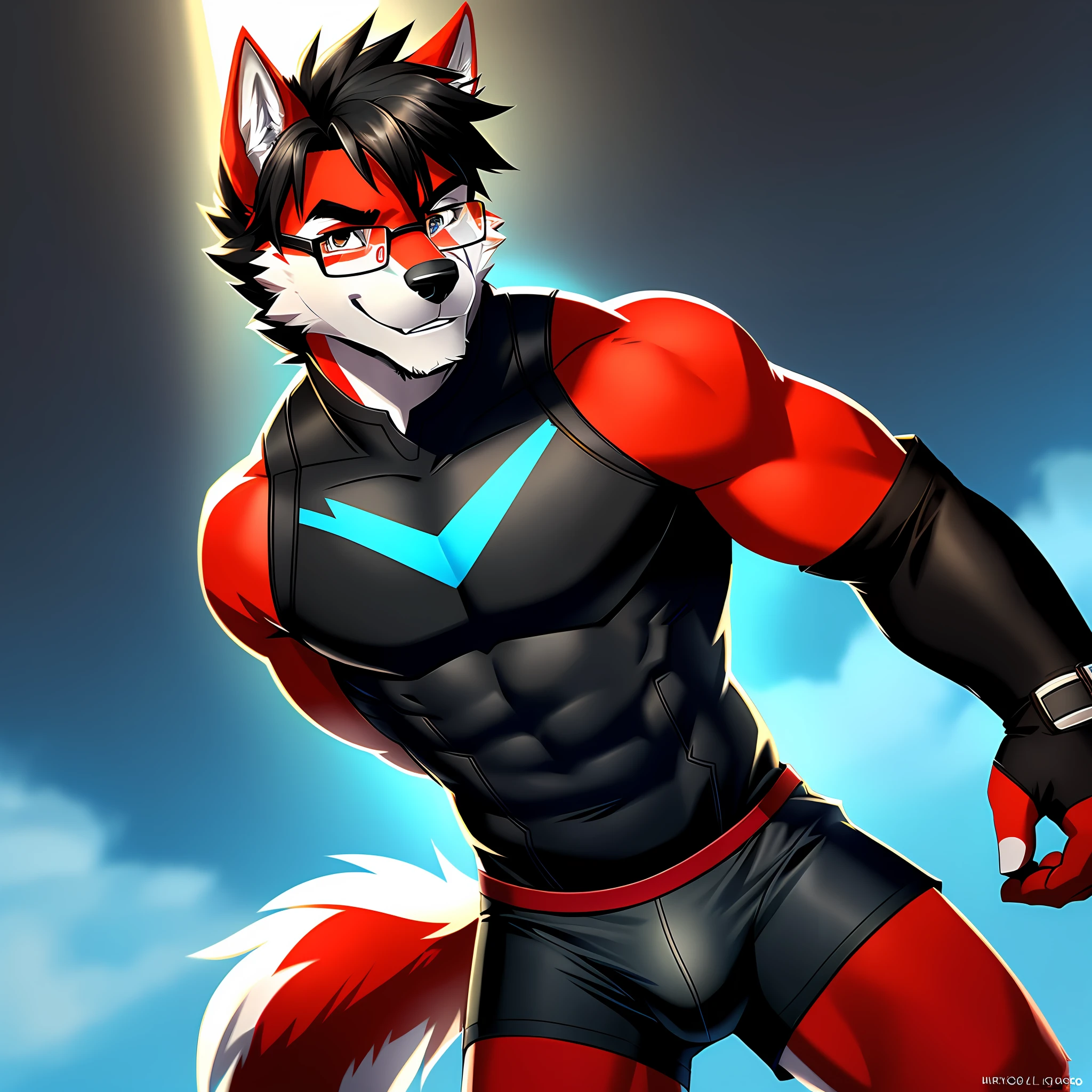 anthro, wolf with red fur, male, wearing blue and black glued hero clothing, glasses, combed black hair, solo, no group, not double, full body, smiling, in the field, small bulge, great lighting, soft lighting, no logo mark
