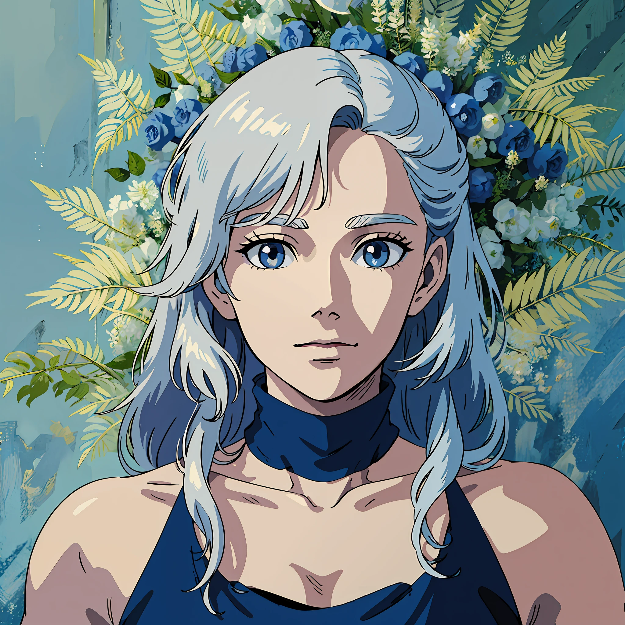 Top quality, masterpiece, gray hair, blue eyes, upper body