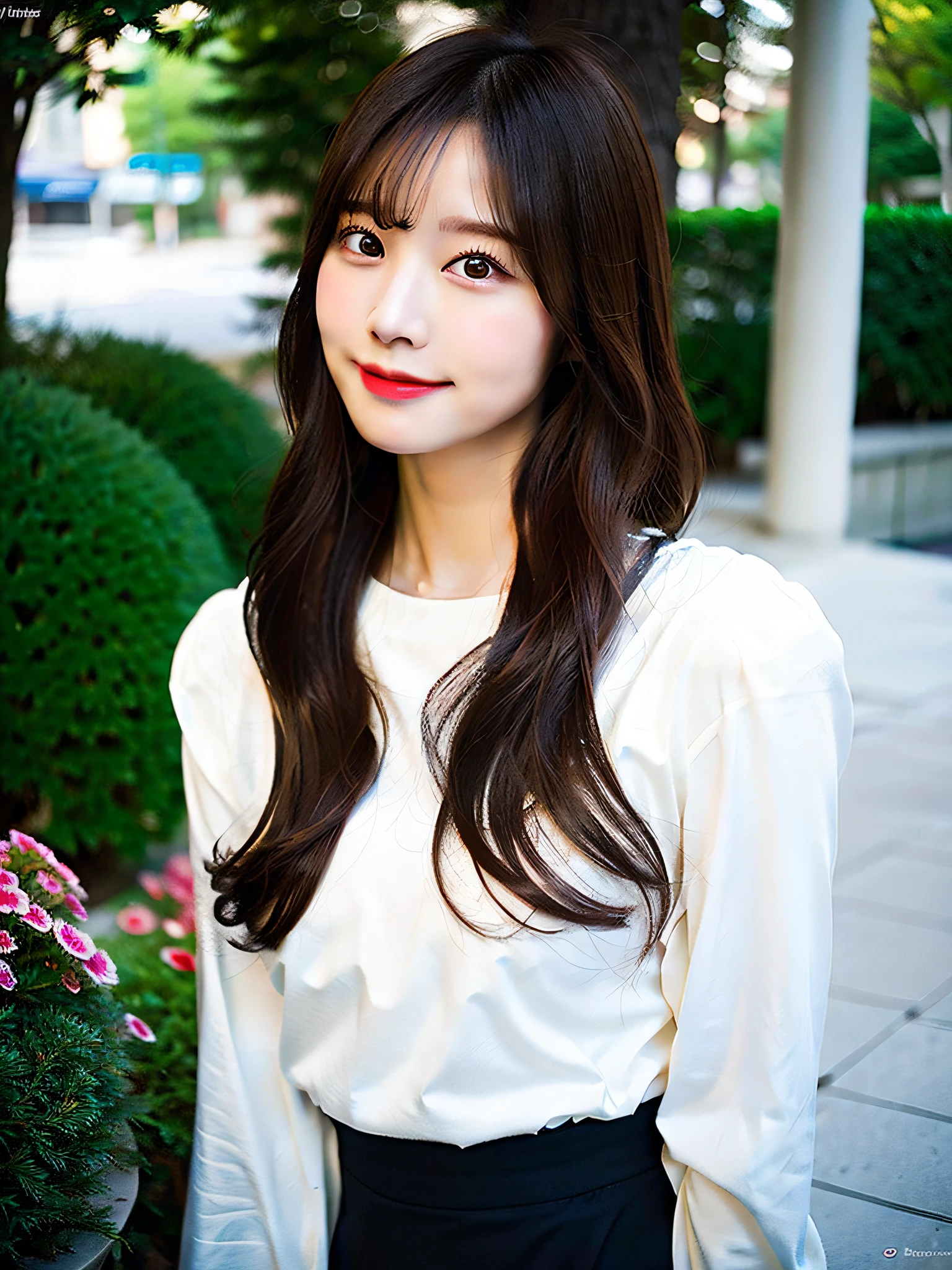 Lifelike photos of (No. 1 cute Korean actress) Long hair, smooth face, light makeup, medium breasts. Wearing a white long sleeve shirt, and black skirt, Little Smile, Canon EOS 35mm Lens 8K high-resolution face, crisp and realistic details Close up
