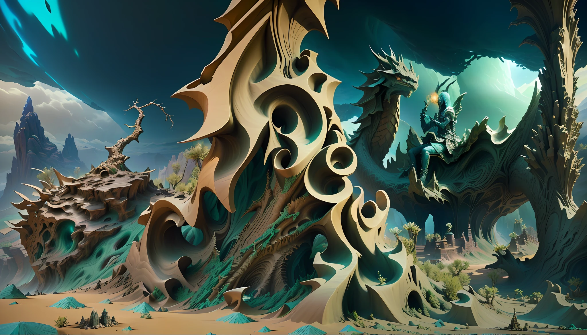 there is a very large dragon statue in the middle of a desert, stuning fantasy 3 d render, intricate artwork. octane render, deep mandelbulb landscape, fantasy 3 d render, 4 k detail fantasy, 4k highly detailed digital art, 3d mandelbulb fractal, nazgul mandelbulb, metamorphosis complex 3d render, mandelbulb 3d fractal