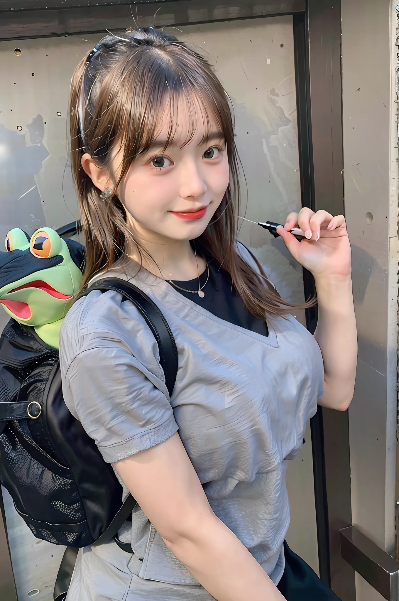 Top quality, ultra high resolution, (photorealistic: 1.4), one girl, black tight skirt, black hair, look viewer, frog rucksack, crocodile tail, long shot