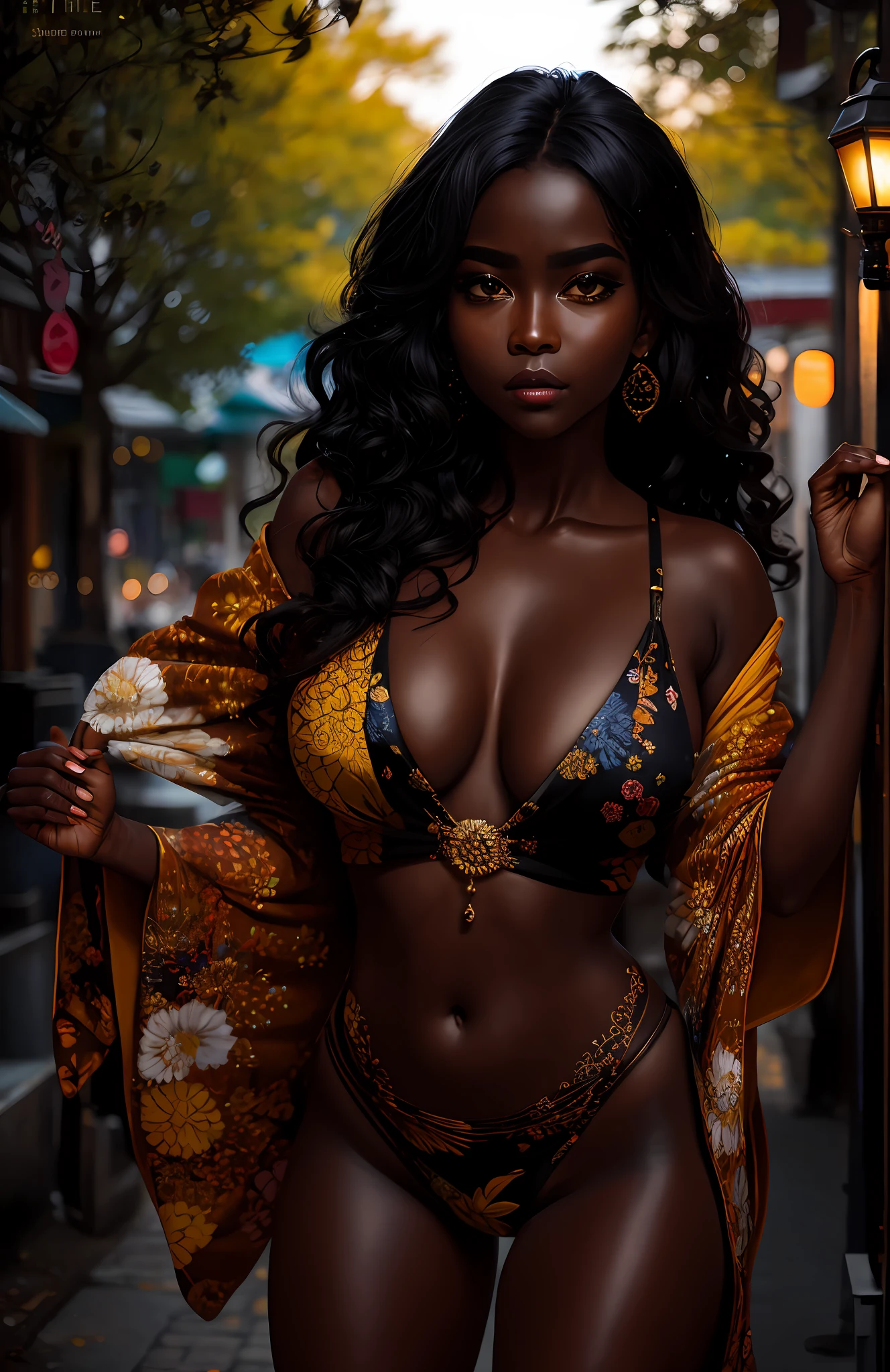 shukezouma, octane render, hdr, (hyperdetailed:1.15), (soft light, sharp:1.2), 1girl, beautiful ebony girl, ultra detailed eyes, mature, plump, dark skin, dark dark skin, realistic dark skin, realistic tan, tanned, thick, tan, painting drops, paint teardrops, woman made up from paint, entirely paint, splat, splash, long curly colored hair, kimono made from paint, ultra detailed texture kimono, paint kimono, paint bulb, exposed cleavage, sexy, paint drops, outdoors, exposed shoulders, sakura trees, tears, sexy, shoulders visible, thighs exposed, semi naked, focus on face, beautiful face, eye shadow, dark eye outline, Russian face, Russian girl, mascara, beautiful, tanned skin, tanned, dark skin, tan, 18 year old, tanned body