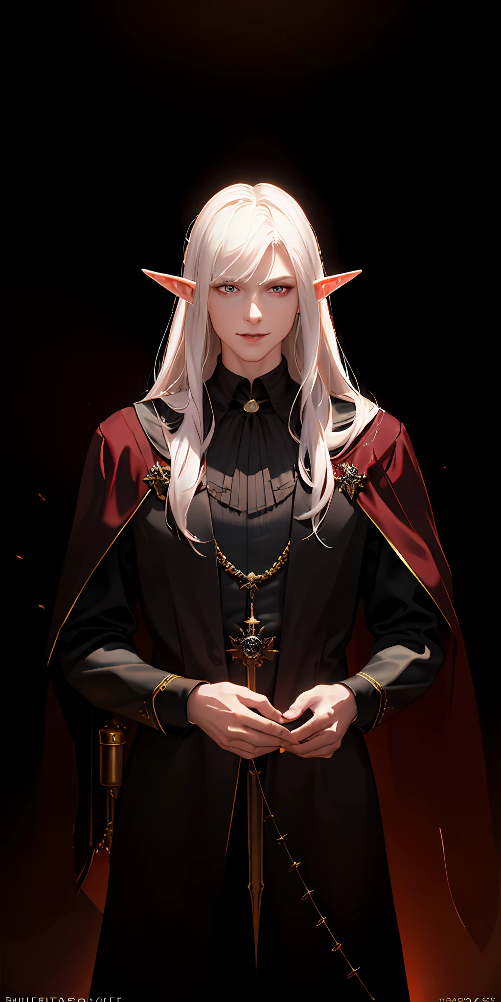 (photorealistic:1.4),(masterpiece),(best quality),(cinematic lighting), luxurious, 8k, detailed, ray tracing, depth of field, cinematic lighting, blood,1 adult male,man,thin,muscle,pointed ear,male elf,pale skin,long curly white hair,red glowing eyes,smile,blood,two daggers,black clothes,black cloak,vampire