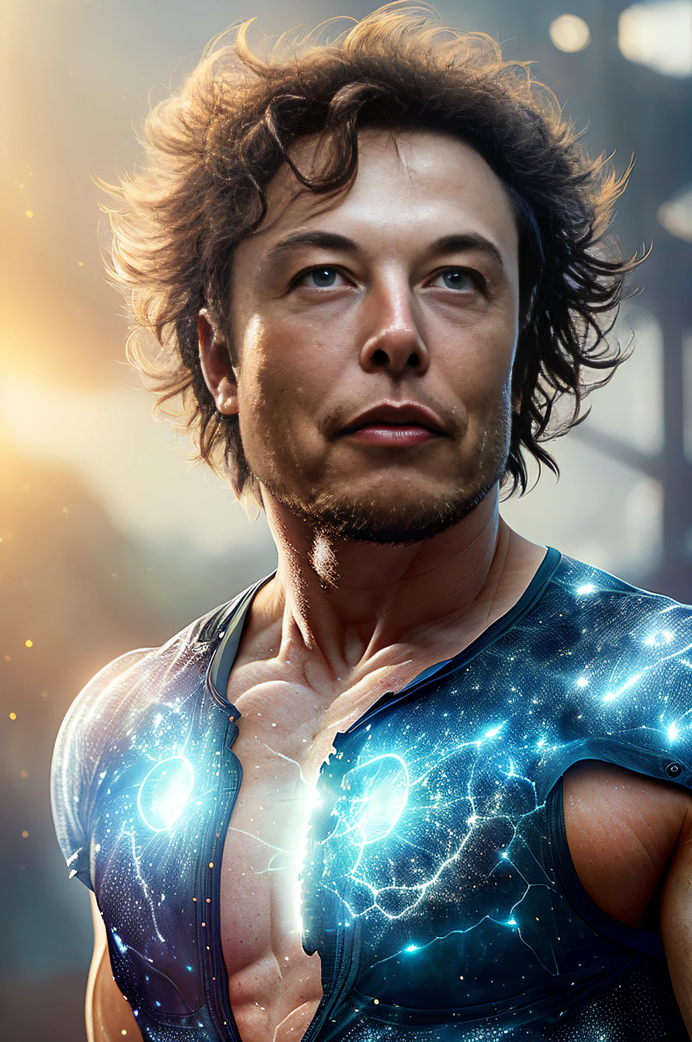 (((Elon Musk))) Hyper-realistic close up portrait of a mesmerizing (Risky Business, Dude Where's My Car, The Blue Lagoon) young shirtless man, fluffy hair, detailed (bright, cheerful blue) eyes, with a detailed gorgeous face, (illuminated by her inner light), revealing intricate skin texture, a warm smile, and a noble expression, (a sunlit, magical battleground in the background), realistic, hyper realistic, highly detailed, depth of field, Detailed and Intricate, Photo, HD, Cinematic, Dynamic Lighting, (bokeh), ((beautiful)), lens flare, (god rays:1.1), (cinema effect), (hard visible through clothing:1.5), (((tight clothing))) , ((detailed face and eyes)),
