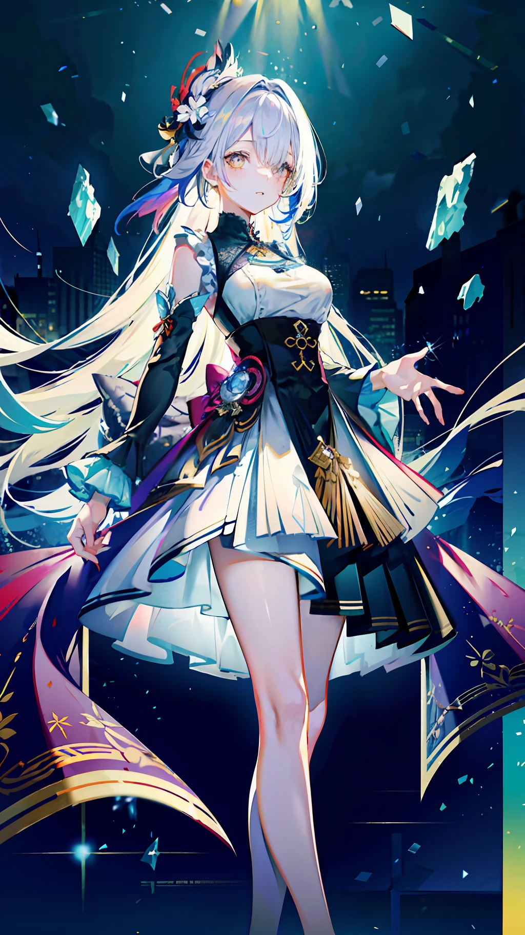 (best quality, detailed background, highres, absurdres, bloom, disheveled hair, shiny hair, exposed in lighting, bright pupils),
1girl, focus on leg, earpiece, long hair, silver hair, large_breasts, action_pose, standing,  arms behind back, stage, spotlight, glass ceiling, 
shenhe \(genshin impact\), hair_ornament, hair over one eye,  designer dress,  dutch_angle,