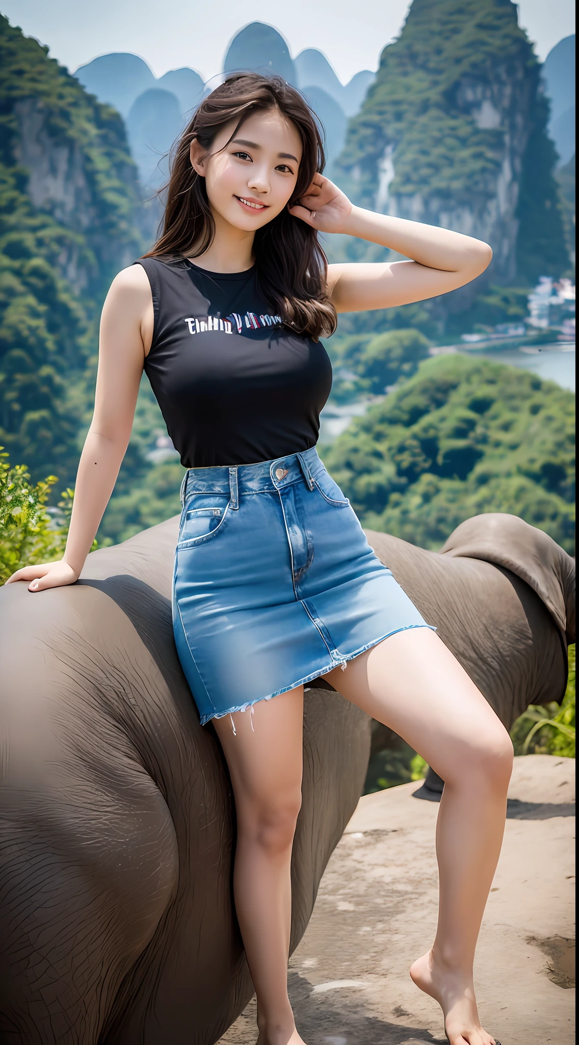 8k, RAW photo, best quality, masterpiece, a young girl posing on top of Elephant Trunk Mountain in Guilin, Guangxi, ripped denim pencil skirt, Li River Elephant Trunk Mountain in background, 1 girl, solo, barefoot, jumping, outdoors
