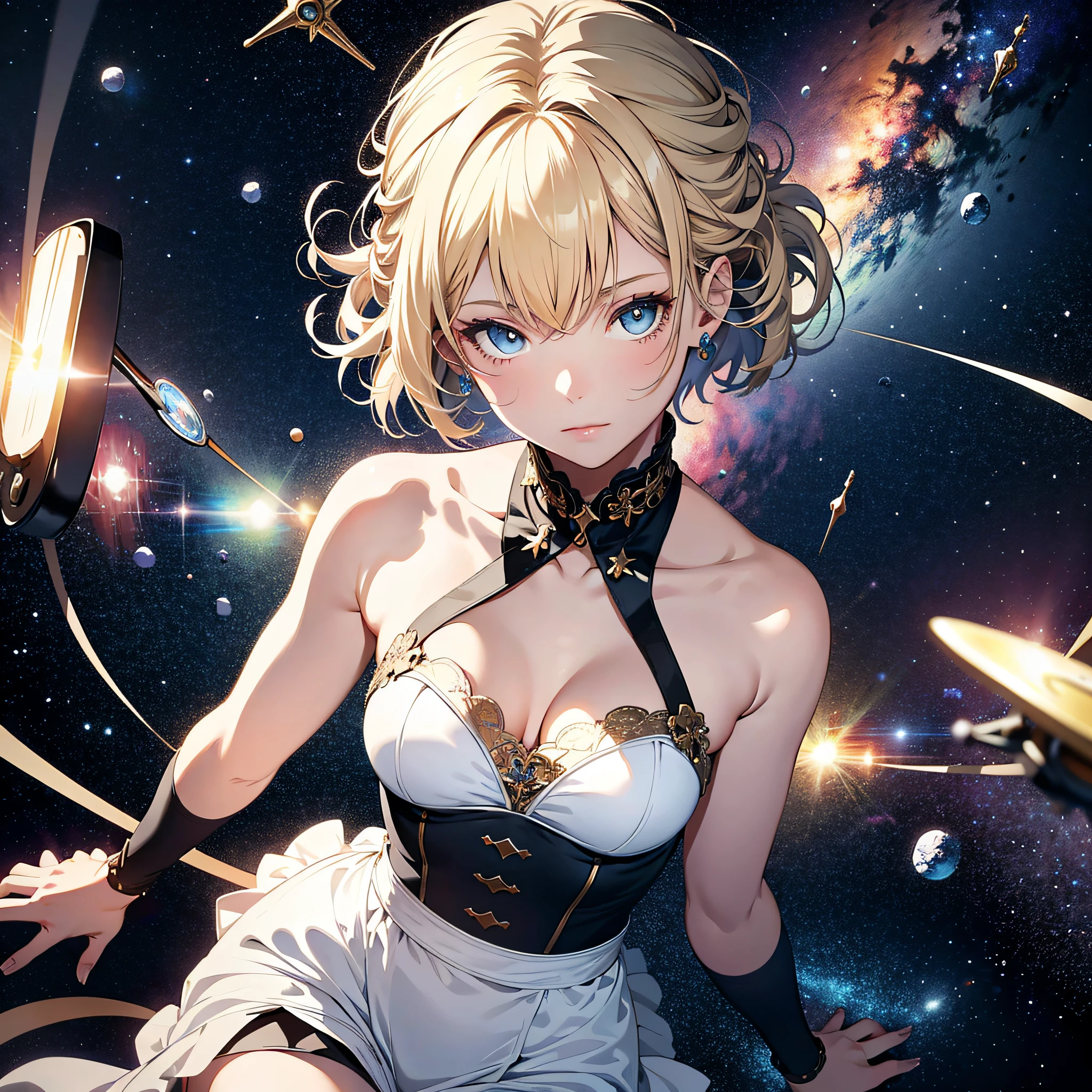 Absurd resolution, high resolution, (masterpiece: 1.4), super detailed, girl alone, from above, space, floating, blonde, petite, short hair