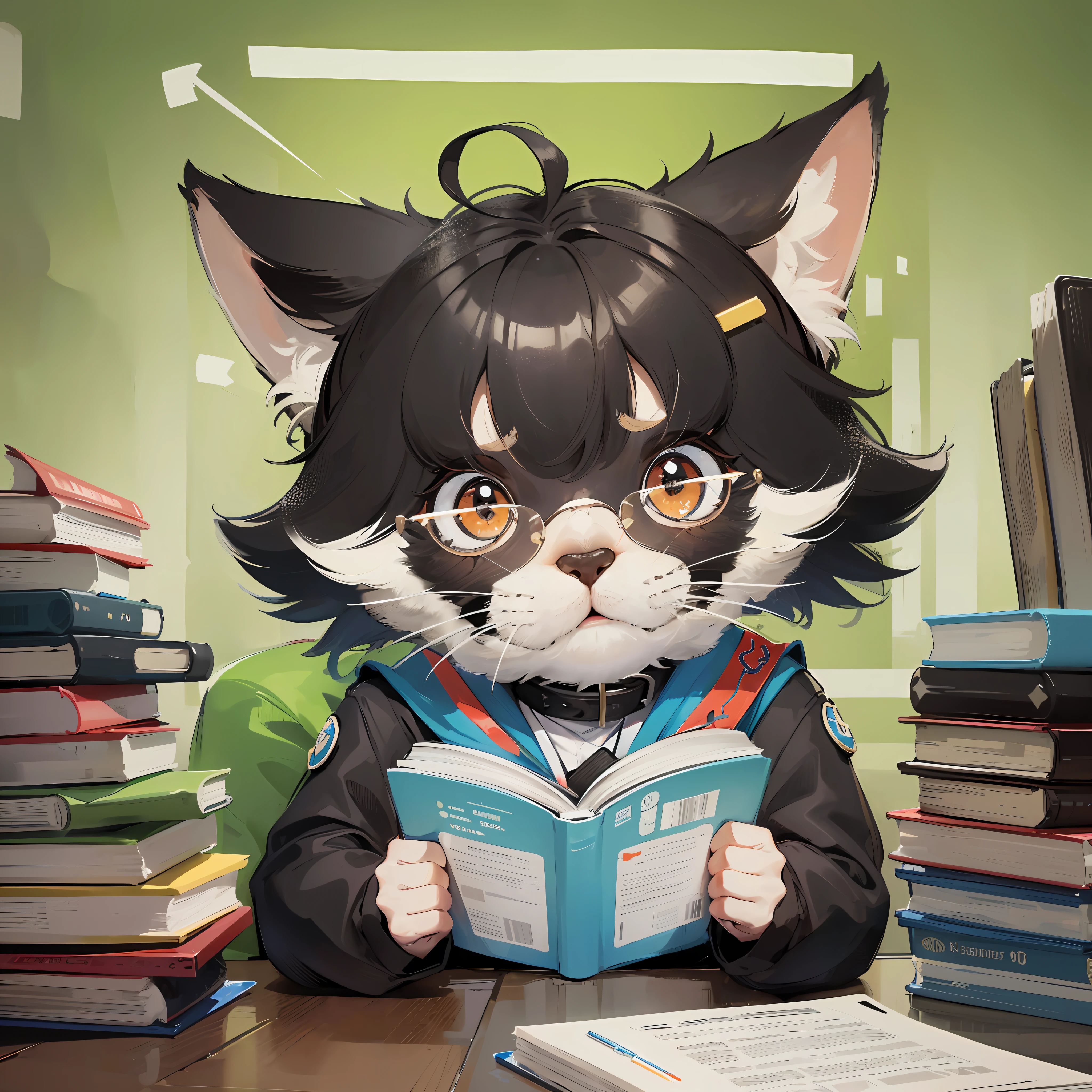 Create a flat-style illustration of a mascot named 'Sabição'. He is a curious and intelligent little dog, always ready to help and encourage participants in their learning adventures. Sabição has a soft, round body with friendly eyes and a welcoming smile. He wears a pair of stylish, round glasses that highlight his attentive expression. Sabição's body is composed of simple geometric shapes, with a rounded head, a squarish torso, and cylindrical legs. He holds a book in his paws, symbolizing knowledge, and there's a subtle gradient shading on his fur. Use vibrant and cheerful colors to bring Sabição to life in a flat, minimalistic style. Let your creativity shine through as you capture his joyful, inquisitive, and confident personality in this delightful flat illustration --auto --s2