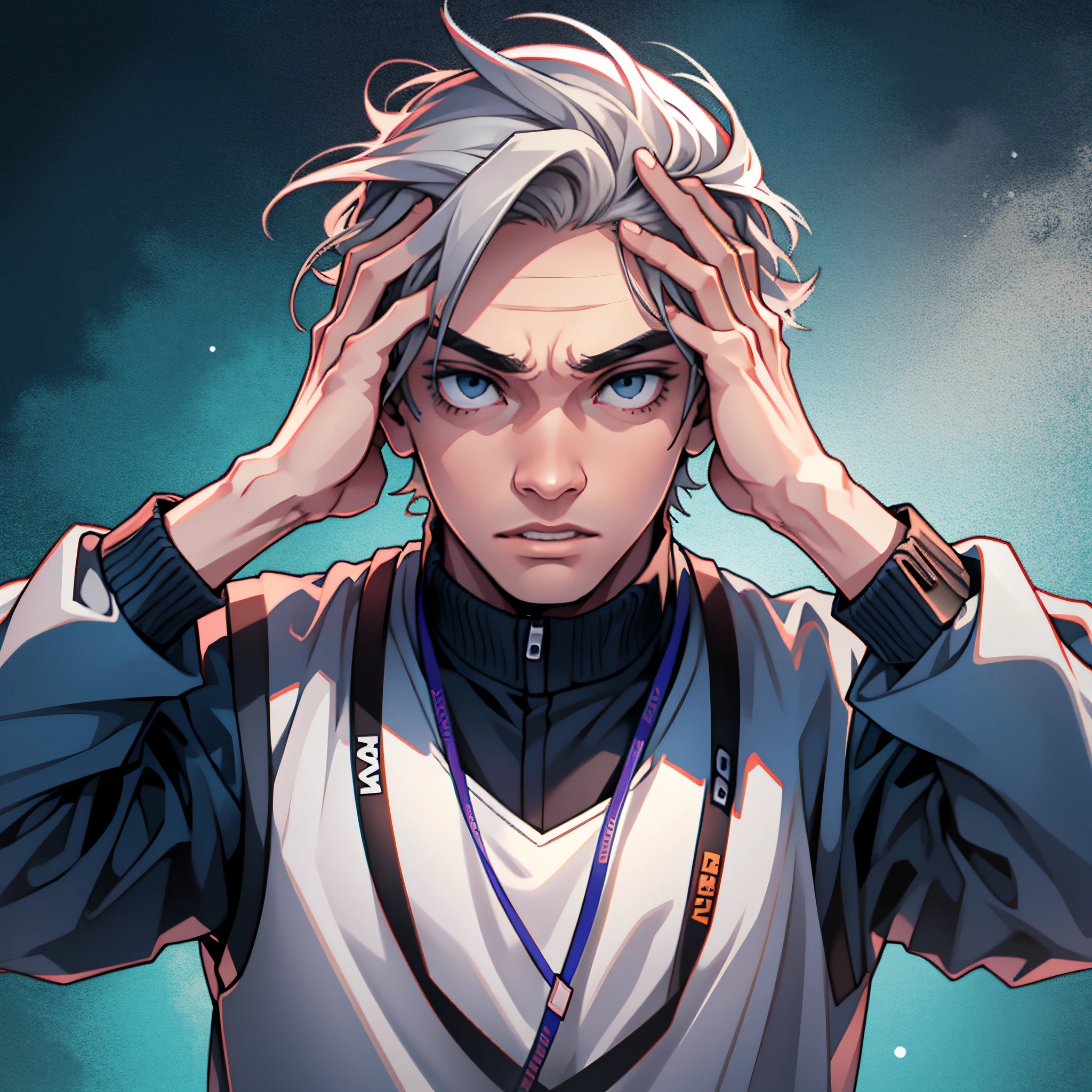 Generate an image of an impressed person, with his mouth open and his hands on his head as if he were startled. --auto --s2