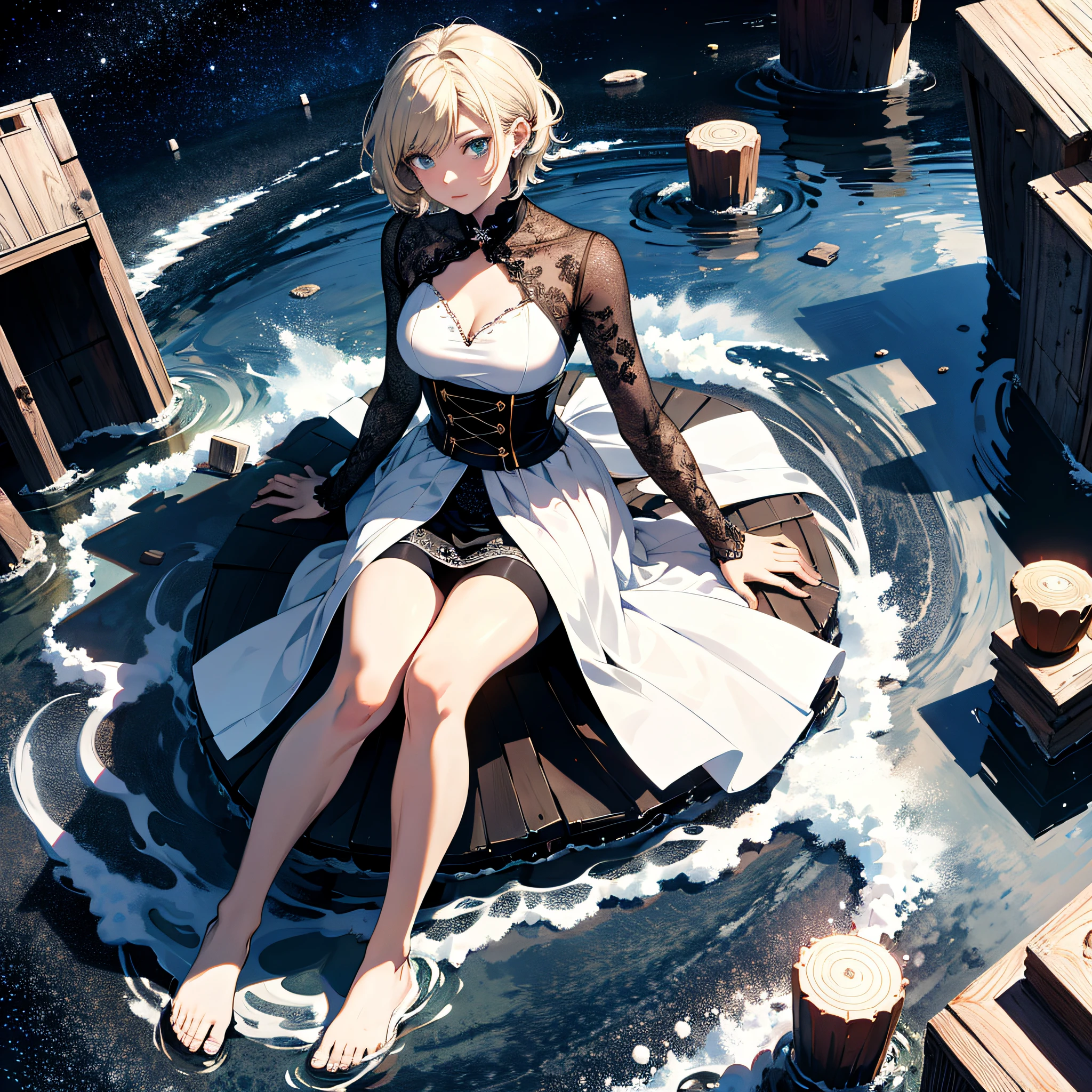 Absurd resolution, high resolution, (masterpiece: 1.4), super detailed, girl alone, from above, space, floating, blonde, petite, short hair