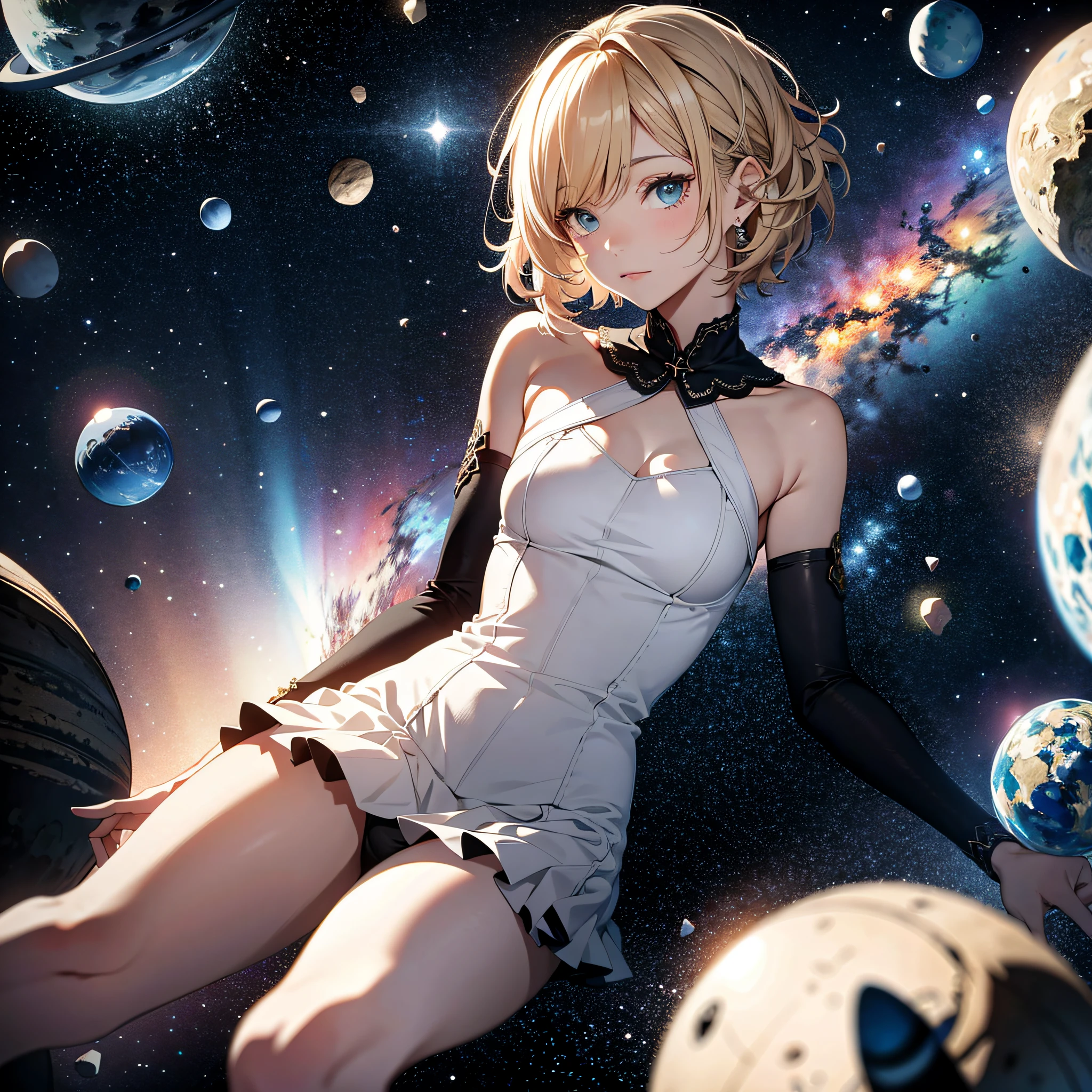Absurd resolution, high resolution, (masterpiece: 1.4), super detailed, girl alone, from above, space, floating, blonde, petite, short hair