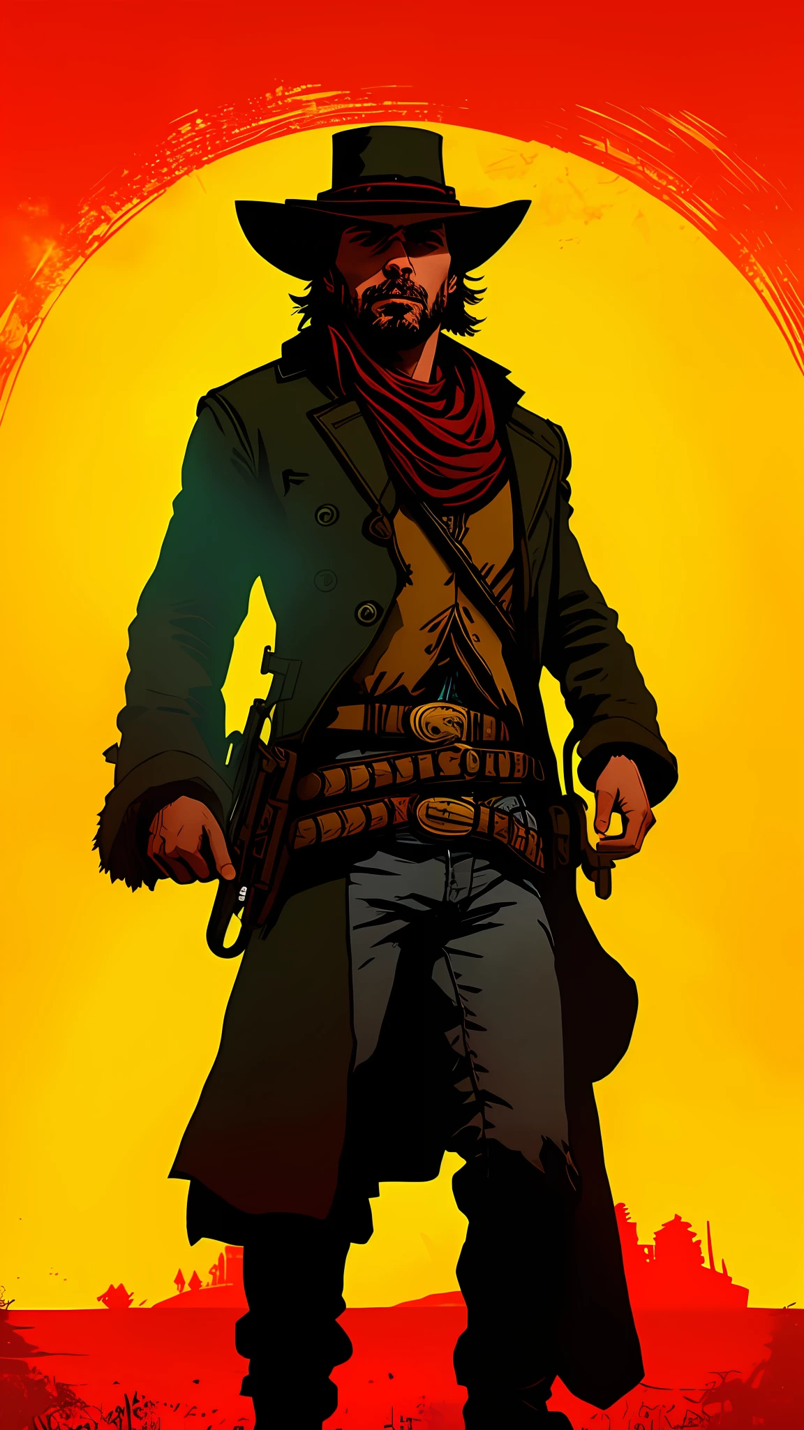 there is a man standing in front of a red dead redemption poster, jesse mccree, red dead redemption art style, official character art, [ red dead ], main character, inspired by Volkan Baga, key art, loadscreen”, fan art, farcry, character artwork, full-body character portrait, borderlands art style, post - apocalyptic cowboy