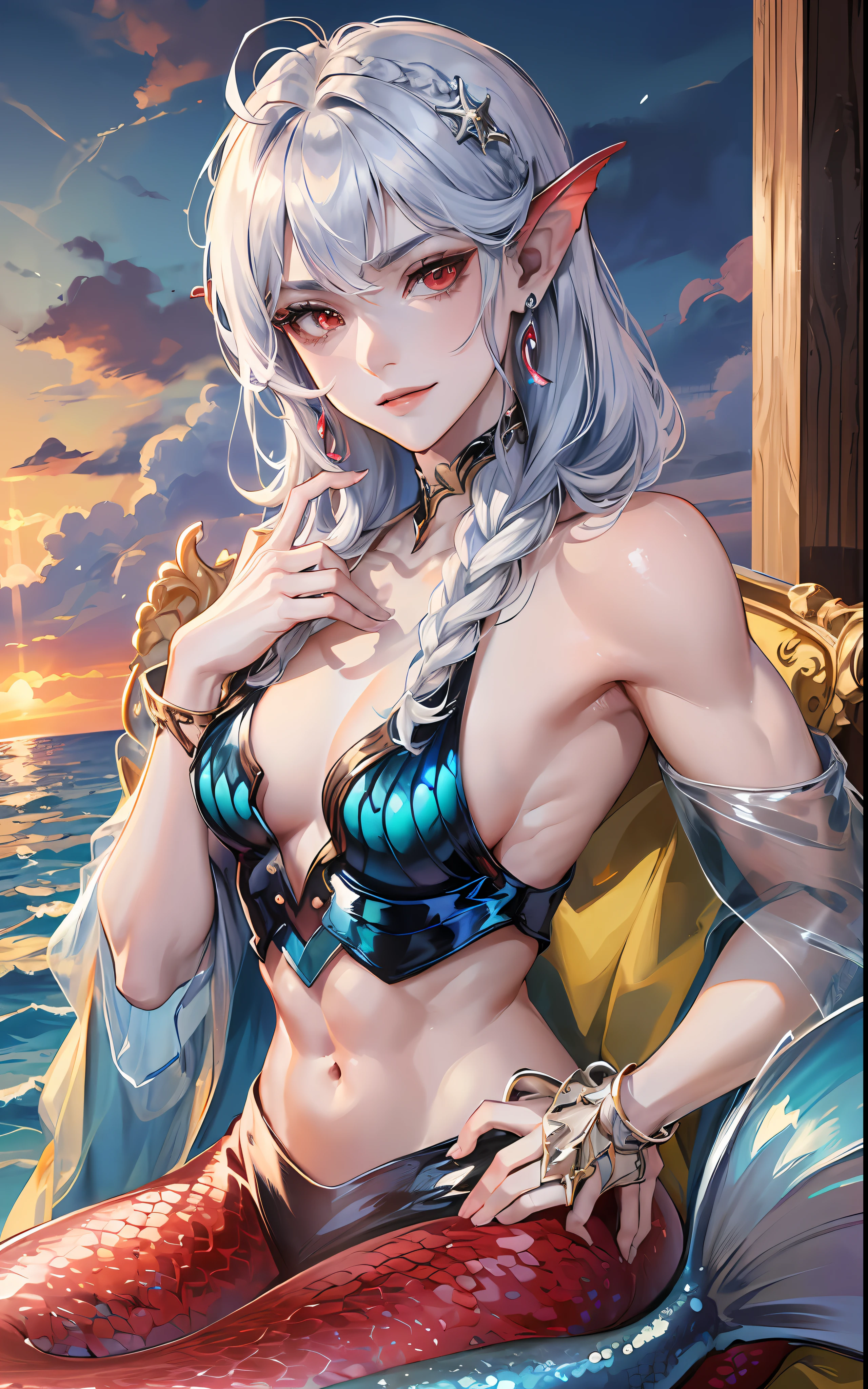 man, masculine, masculine face, attractive, muscular, (((1man))), masterpiece, absurdres, best quality ,intricate details , (shiny skin, shiny body, shiny oily luster skin, shiny hair, pale skintone), Sundown, attractive, ((muscular)), adult, one, earrings, Don't look at the view , Not looking at the view, silver hair, braided hair, perfect detailed face, perfect detailed hands, triton, fins, red eyes, triton ears, ((MLS)), smirk, medium large shoot, marine ornaments, beach in the background, ((mermaid tail)), no legs