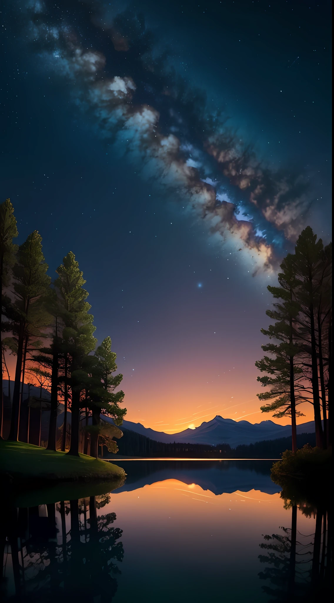 depth of field, night, sky, sunset, glow, lake, hills, trees, magnificent background, surrealism 8k, beautiful art UHD 8k, wallpaper 8k, wallpaper 8k, wallpaper 8k, 8k hd illustration wallpaper, beautiful wallpaper, 8k wallpaper, 8k wallpaper, epic surrealist oil painting 8k, highly detailed surreal visual effects