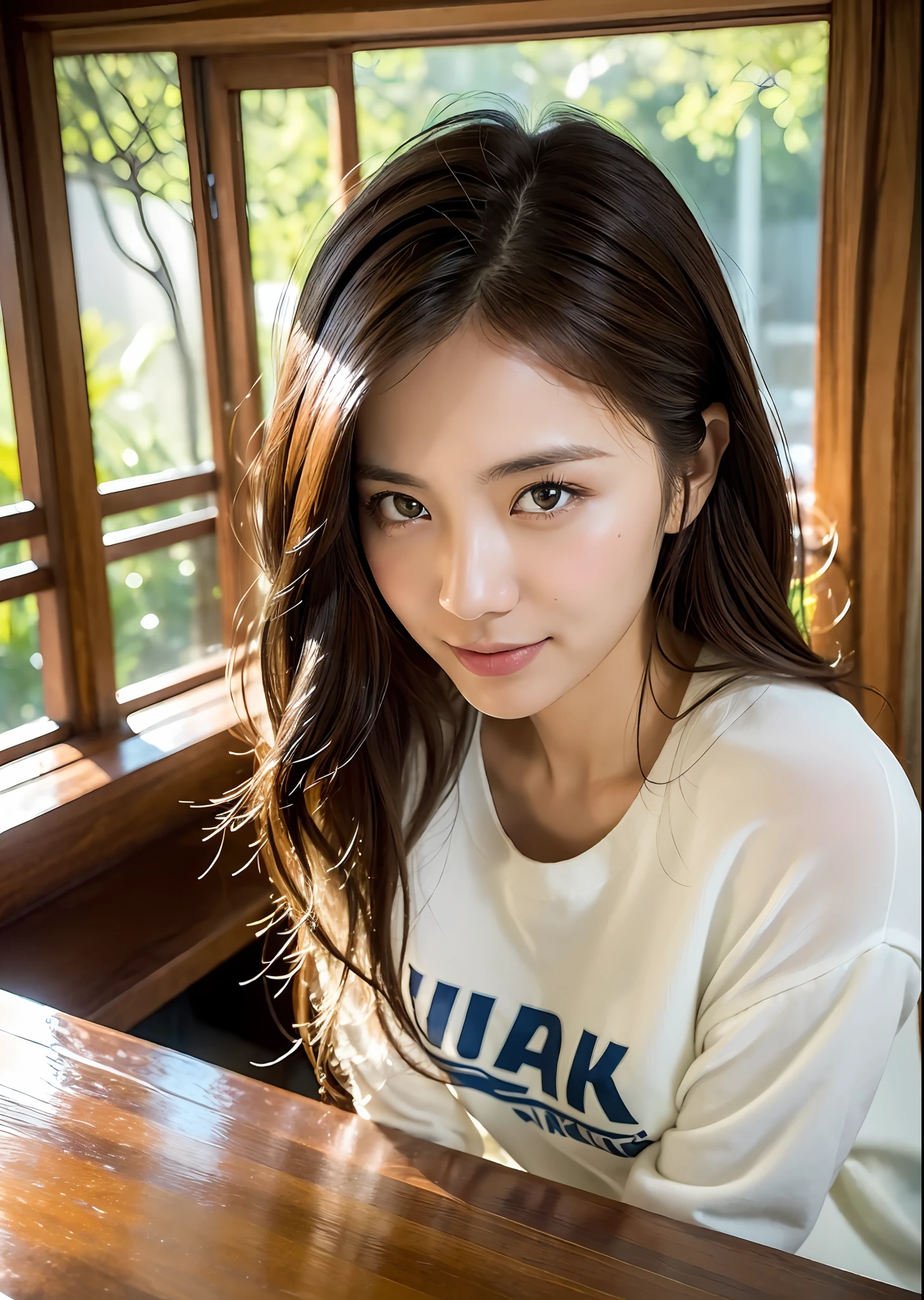 ((top quality, 8k, masterpiece: 1.3)), women (full body portrait, straight ahead, smile, wearing towel fabric t-shirt and hot pants, inside_sauna: 1.6), indoor, white room, overhead camera, sharp focus: 1.2, cute woman: 1.4, ((hairstyle random, floating hair)), table, large mug with yellow carbonated water, toast, Highly detailed face and skin and hair texture, double eyelids, white skin, beautiful delicate nose, cute young Japan woman, 32 years old, featuring a contrasting mix of calm tones and light and shadow, with dynamic angles, it is a composition pleasing to the eye and suggestive to the eye, while emphasizing the subject's hair, eyes, mouth and action.