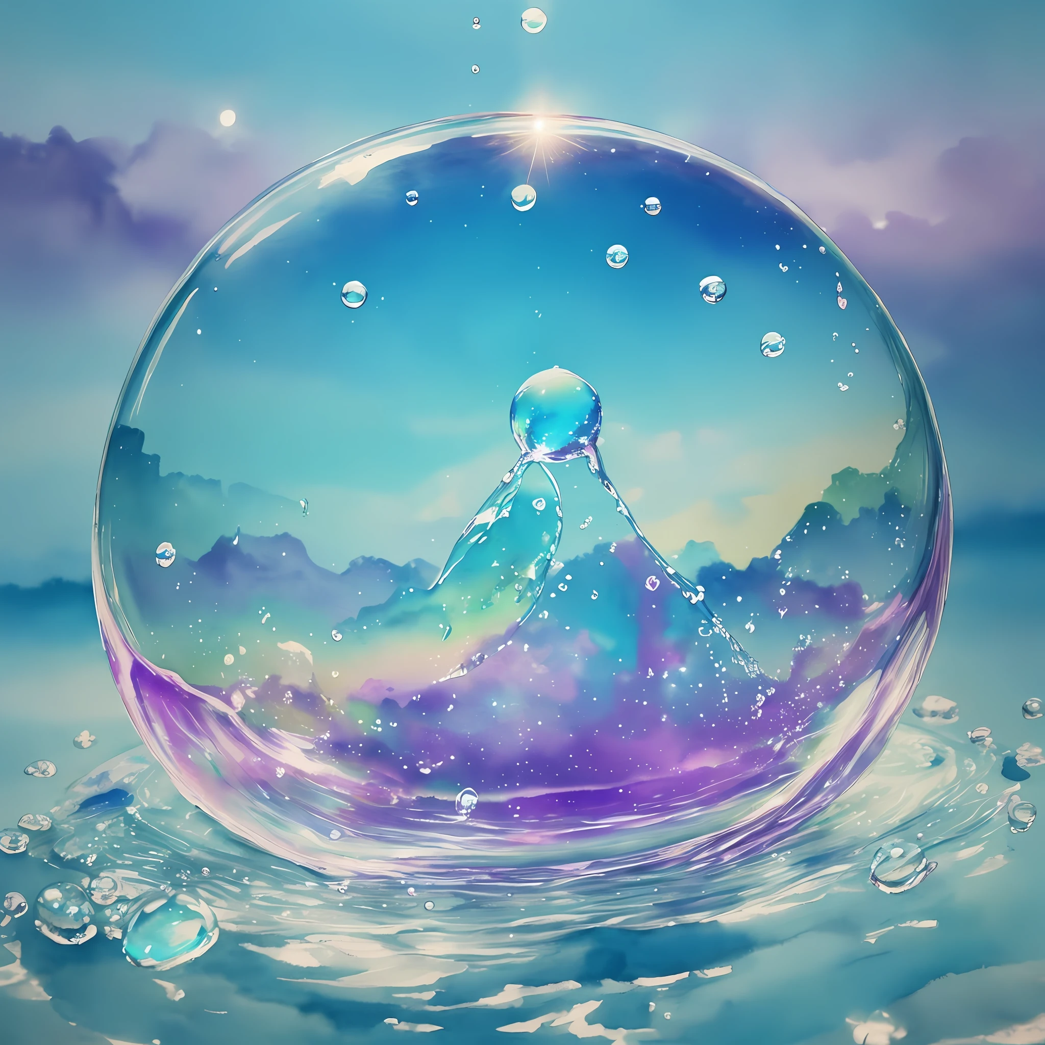 Watercolor drawing, realistic fantasy, Extensive landscape ultrasound photography (general view showing soap bubbles, water, water circles, sky, drops), blurred background, cold, turquoise shade, a little purple, airy color, magic --auto --s2