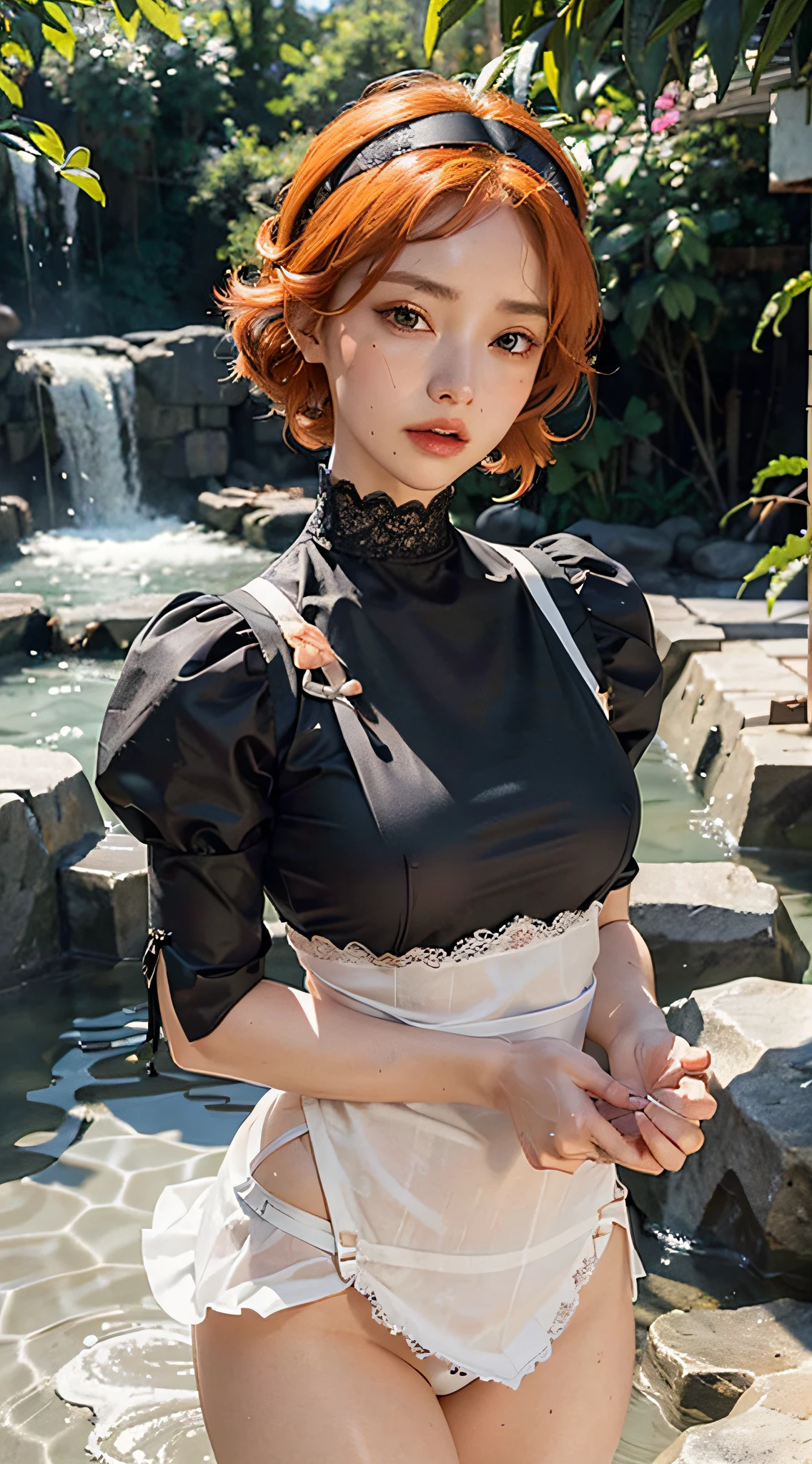 (Photorealistic: 1.5), beautiful woman, detailed body with small breasts, constricted waist, long eyelashes, orange hair, bob, black maid outfit, lace, ruffles, high neck, headband, apron, underwear, ((wet face))
