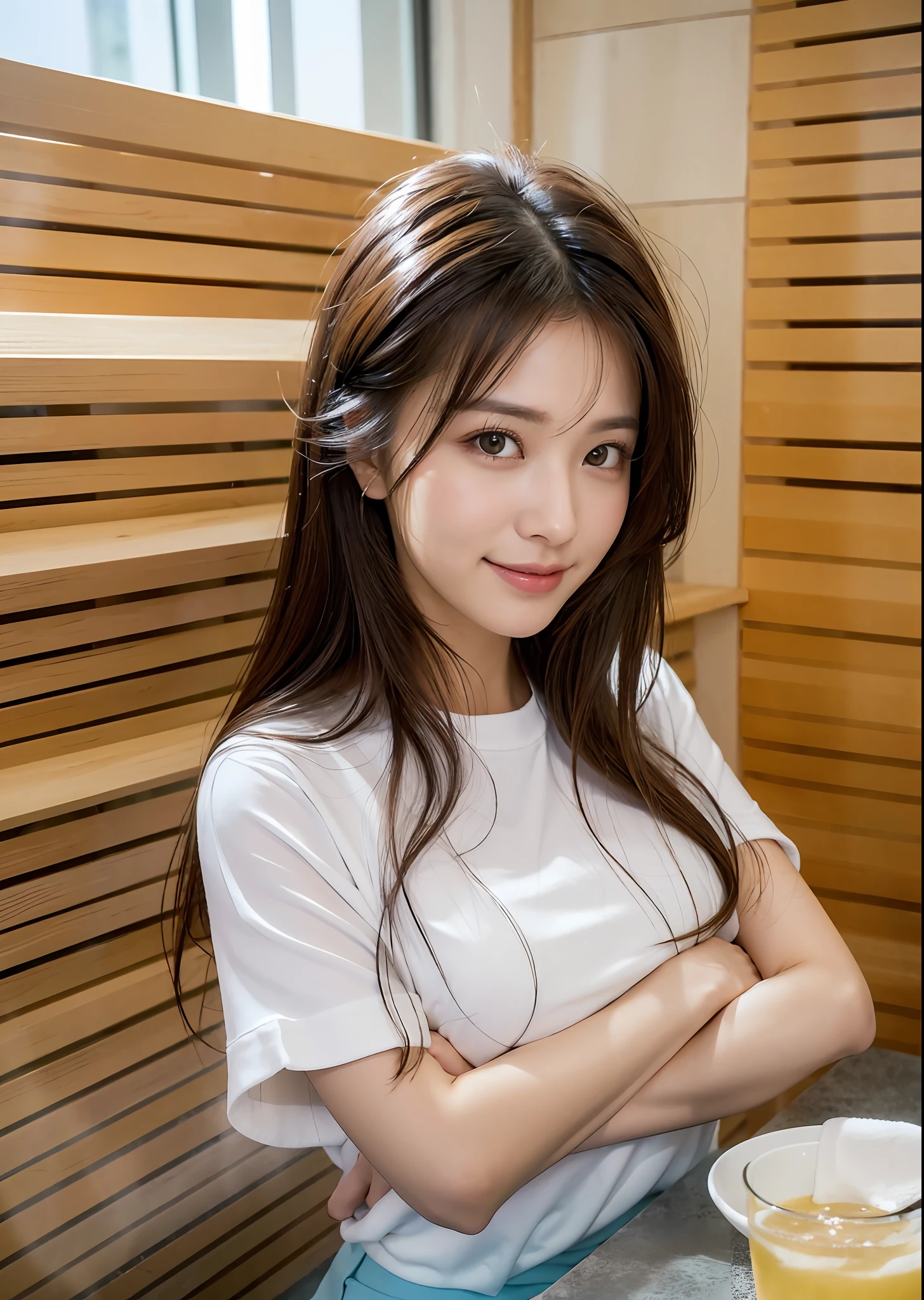 ((top quality, 8k, masterpiece: 1.3)), women (full body portrait, straight ahead, smile, wearing towel fabric t-shirt and hot pants, inside_sauna: 1.6), indoor, white room, overhead camera, sharp focus: 1.2, cute woman: 1.4, ((hairstyle random, floating hair)), table, large mug with yellow carbonated water, toast, Highly detailed face and skin and hair texture, double eyelids, white skin, beautiful delicate nose, cute young Japan woman, 32 years old, featuring a contrasting mix of calm tones and light and shadow, with dynamic angles, it is a composition pleasing to the eye and suggestive to the eye, while emphasizing the subject's hair, eyes, mouth and action.