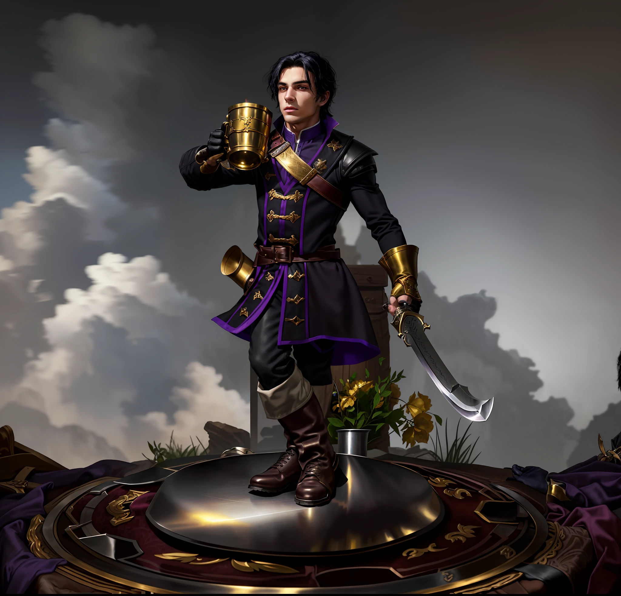 Young man, handsome face, teenager, white skin, lips dirty with wine, straight black hair stuck, noble clothes of black and violet fabric with golden cufflinks, wears leather gloves and high-top leather boots, is holding a metal mug with wine pouring, there is a sheath for his sword at the waist, he holds a silver scimitar in his hand