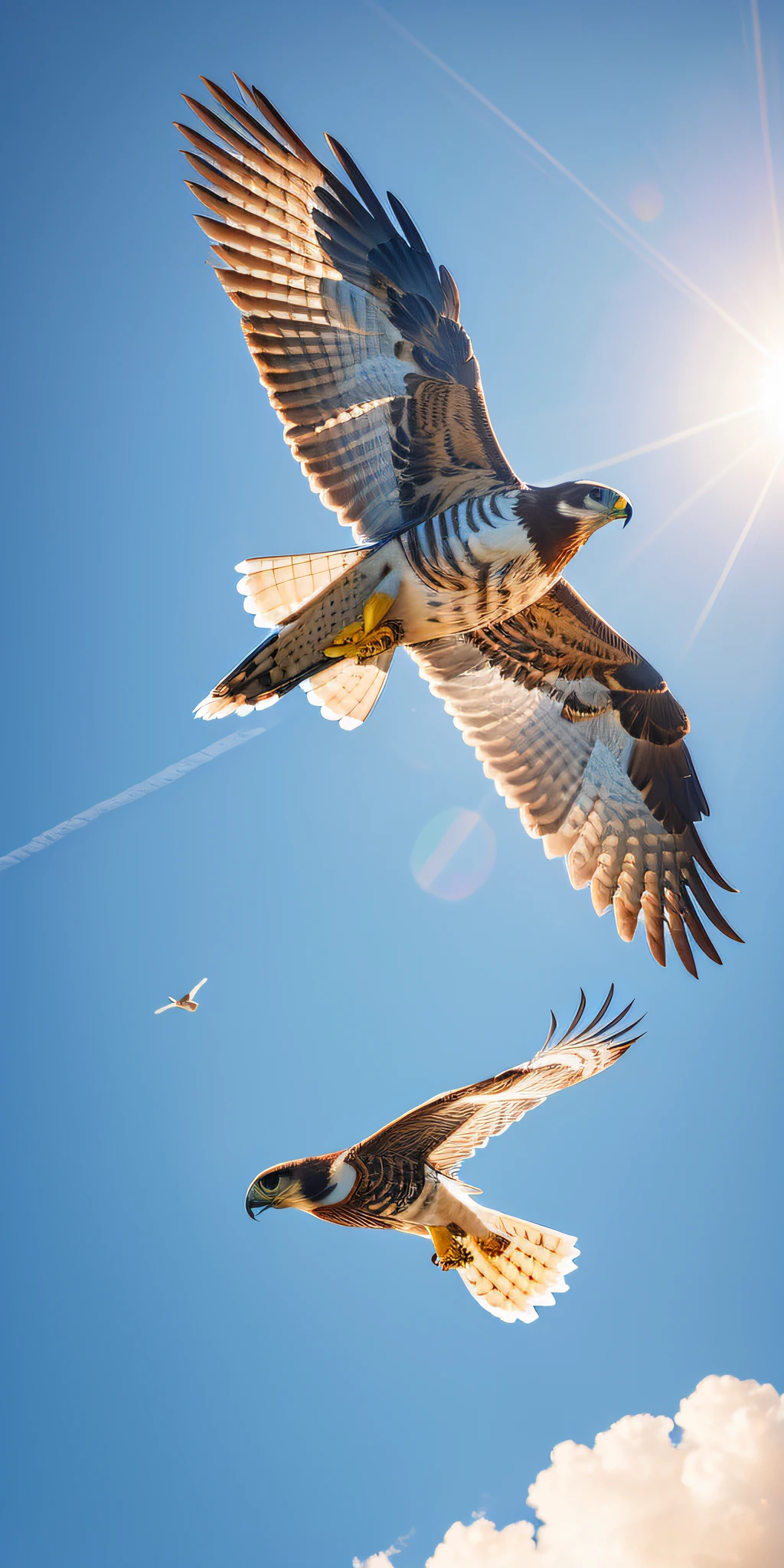 (masterpiece), best quality, ultra-detailed, 8k wallpaper, a majestic falcon soaring above a vast landscape, dynamic camera angle, dynamic pose, blue sky, clouds, golden sunlight, (1 falcon),(flying animal:1.3), natural background, high saturation, vivid colors.