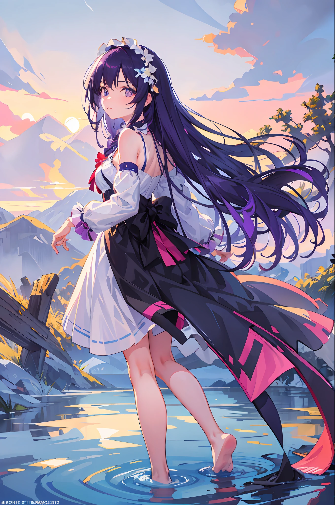 [(white background:1.5),::5] (isometric:1.0), double exposure, bubble, mid shot, full body, // masterpiece, best quality, 1girl, (colorful),(finely detailed beautiful eyes and detailed face),cinematic lighting,bust shot,extremely detailed CG unity 8k wallpaper, 1girl, purple hair, long hair,(very long hair),very long hair (floating in the wind), back-view, looking back, hair ornament, flower hair ornament. head band, ribbon, white dress, visible shoulders, walking on pond, water reflection, pond, medium breast, aurora sky, night sky, galaxy sky, horizon, mountains, forest, moon
