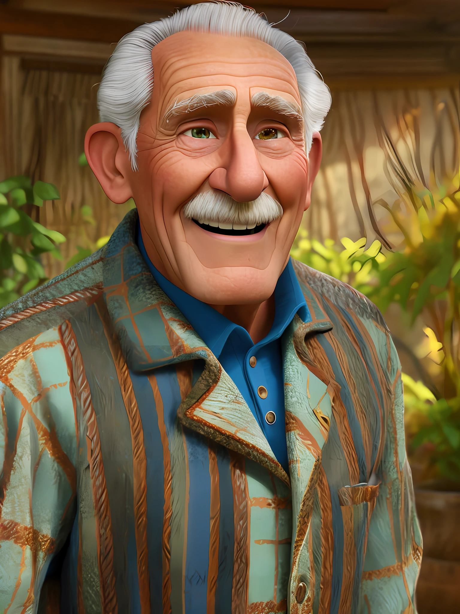 Pixarstyle A waist-high portrait of an elderly man with social clothes, smile, natural skin texture, 4K textures, HDR, intricate, highly detailed, sharp focus, cinematic look, hyper-detailed