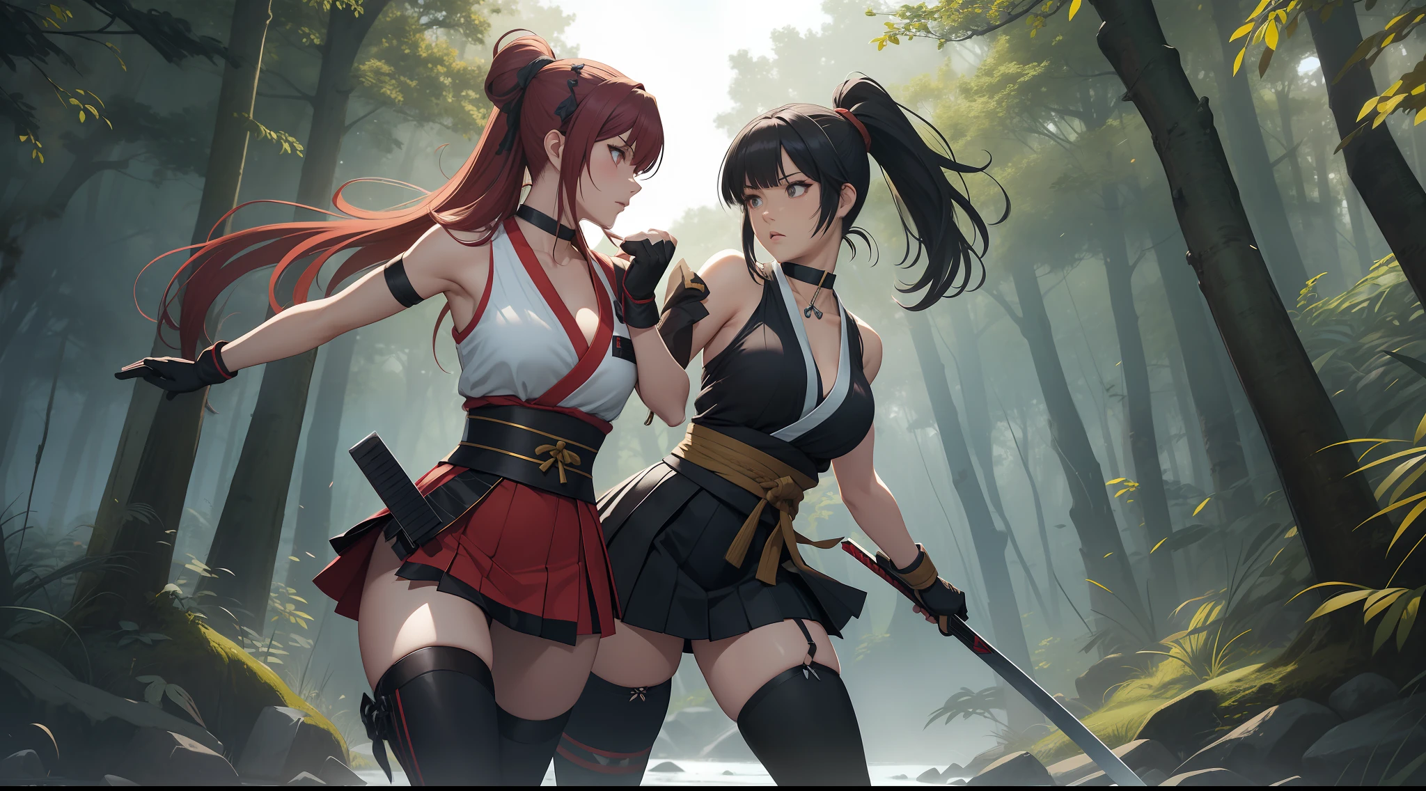 Full body shot of two female character from Dead or Alive game. Kasumi versus Ayame, fighting in a fierce duel death match with weapon short swords, with serious expression. Kasumi looking to Ayane, and Ayane looking to Kasumi. They have long loose hairstyle. They are wearing different color of traditional sleeveless kimono, with a floral print skirt, an obi tied on back hip, a pair of 100% black thigh highs, black shoes, a pair of thin long black elbow gloves, hand guards, and a choker. Background set in a dark forest.