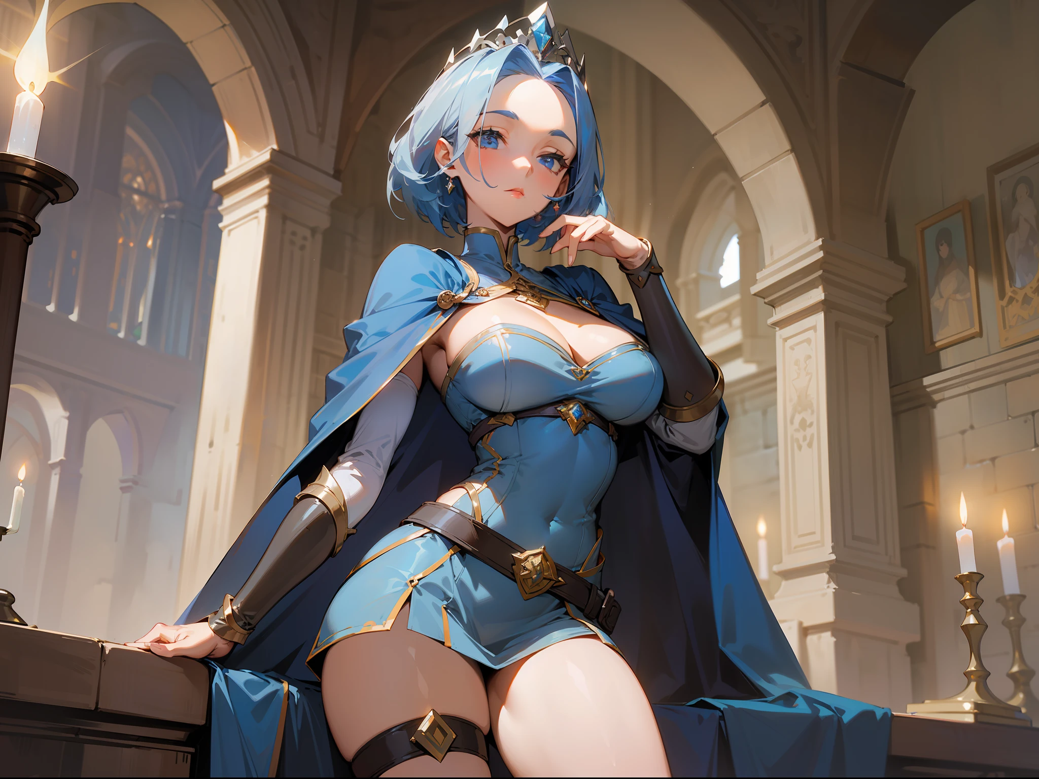 masterpiece, best quality, mature woman, short porcelain blue hair, tiara, showing forehead, gray blue cape, top, beautiful breasts, exposed thighs, dark short dress, belt, wine boots, thigh band, dynamic pose, inside a dungeon, dark, dark, well detailed glow, fantasy, medieval.