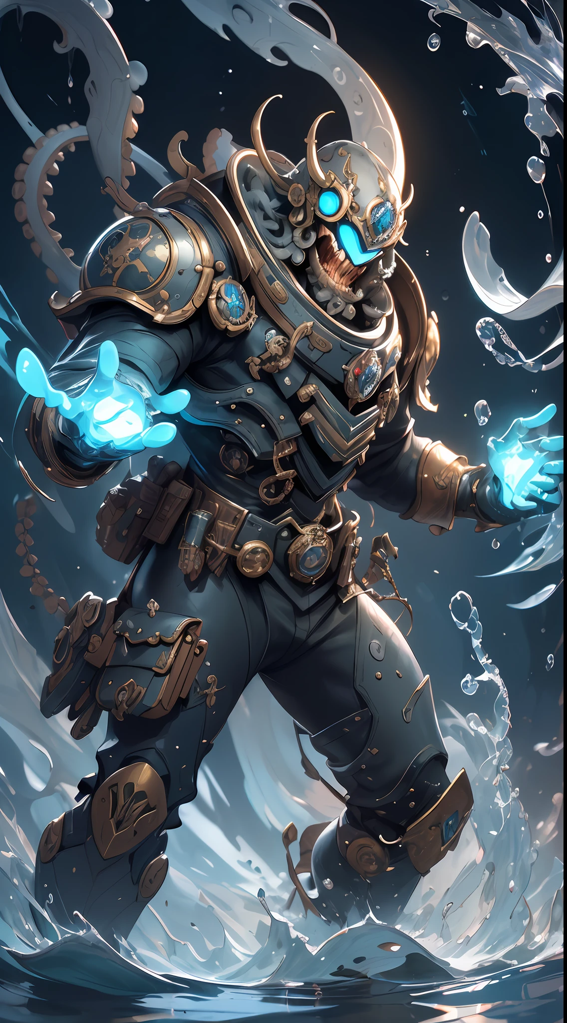 (Masterpiece, High Quality, Super Detail, 4K), (fullbody:1.2), Octopus Anthropomorphism, Solo, Game Character Design, Marines, Teeth, Glow Eyes, Steampunk, Overhead Diving Helmet, Holding Dagger, Dynamic, Water Drops, (Strong Chiaroscuro), Simple Tones, Stunning Graphics, Cinematic Shots, Cowboyshot, Monochrome Background