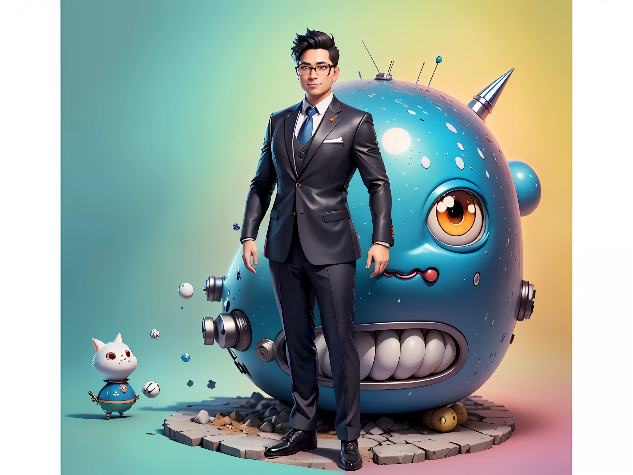 Masterpiece), (Excellent), (Super Meticulous), (Full Body: 1.2), Super Young Woman, Beautiful, Sexy, Bursting, Oriental Face, TV Anchor, Bust Portrait Illustration, Alone, Black Suit, Blue Tie, Silver Glasses, Slightly Chubby Face, Very Clean Face, No Beard, Black Super Short Hair, Black Eyes, Confident Smile, 3c Computer Sub-Products, iPad, iPhone, Digital Painting, 3D Character Design by Akira Toriyama with Mark Claireden and Pixar and Hayao Miyazaki, The illustration is a high-definition illustration in 4K resolution with very detailed facial features and cartoon-style visuals.