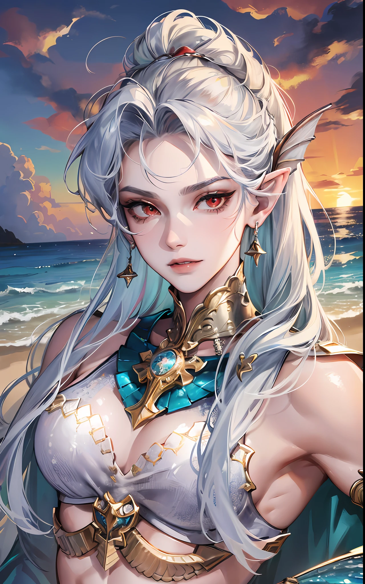 man, masculine, masculine face, attractive, muscular, (((1man))), masterpiece, absurdres, best quality ,intricate details , (shiny skin, shiny body, shiny oily luster skin, shiny hair, pale skintone), Sundown, attractive, ((muscular)), adult, one, earrings, Don't look at the view , Not looking at the view, silver hair, braided hair, perfect detailed face, perfect detailed hands, triton, fins, red eyes, triton ears, ((MLS)), smirk, medium large shoot, marine ornaments, beach in the background, ((mermaid tail)), no legs