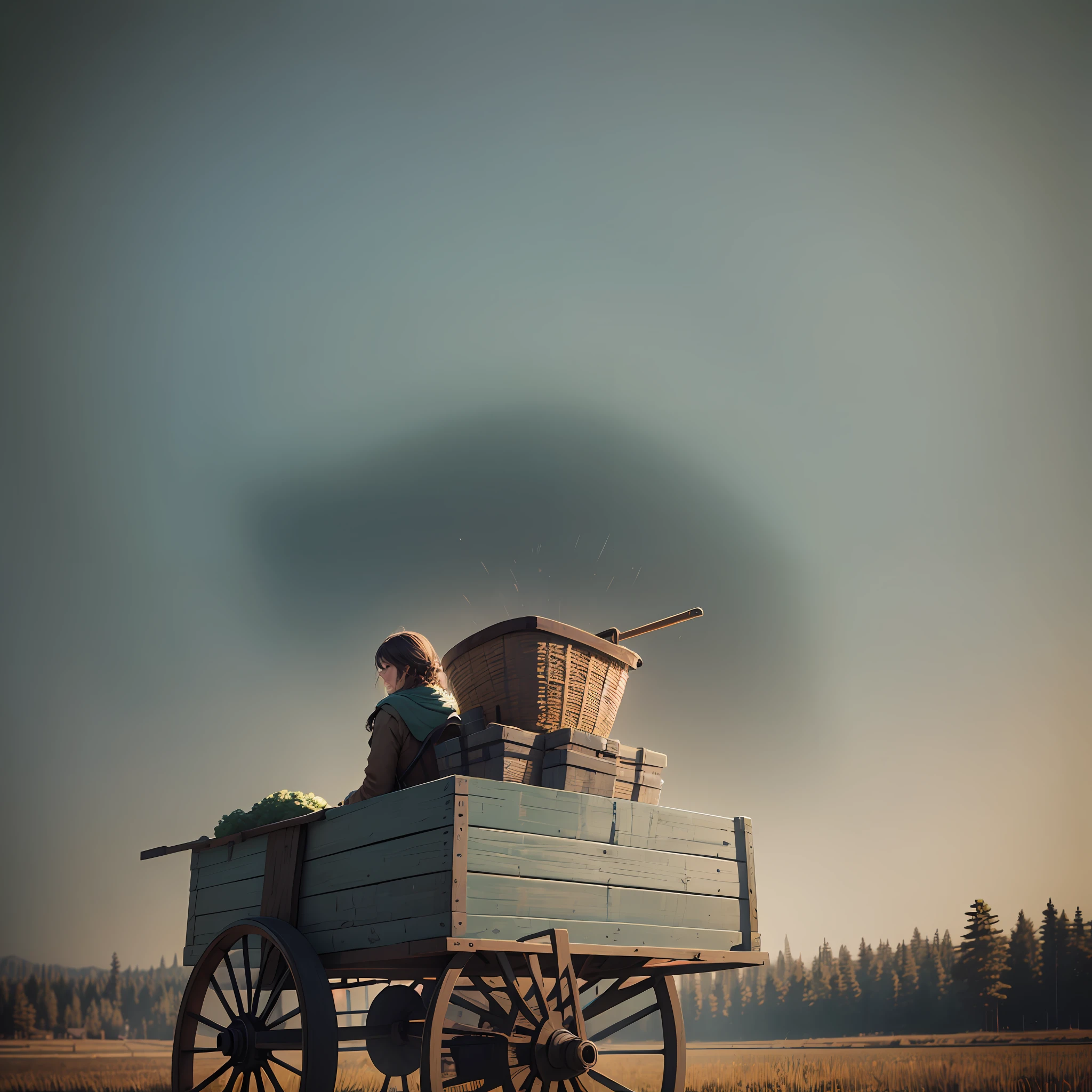 best quality, 500px, cgsociety, 8k, raw photo of (beautiful: 1.2), A peasant on top of a wagon, the cart is loaded with various kinds of vegetables, on the road, forest, ambient light, backlight, volumetric lighting, realistic, realistic lighting, cinematic lighting, depth of field, sharp focus, (high contrast: 1.2), (film grain) --auto --s2